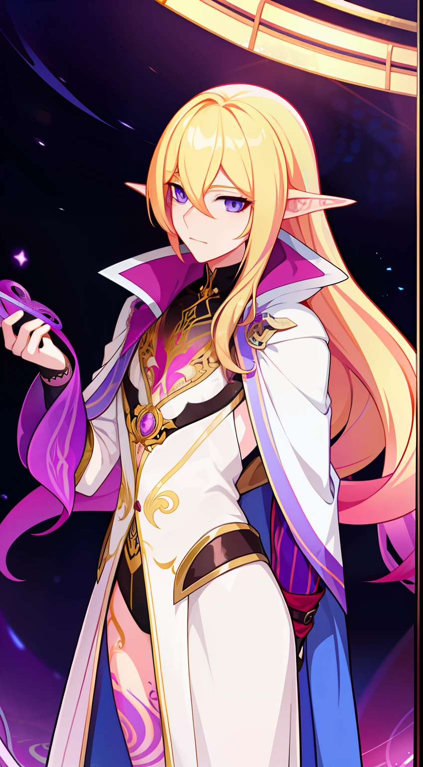 Young guy, longue blonde hair, violet eyes, elf ears, The Wizard's Uncovered Mantle, Magic tentacles, purple tattoos, Runes, Masterpiece, hiquality