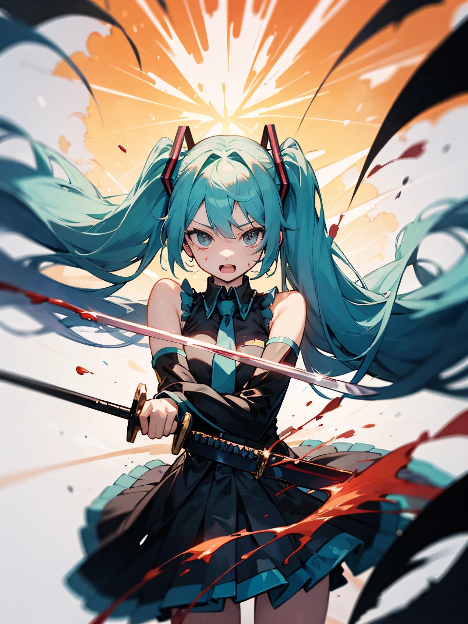 miku hatsune Demon Slaying Very strong Defeat with a sword a cool Akaoni blood splashing Circling ruptured Burst wind Glitter treatment