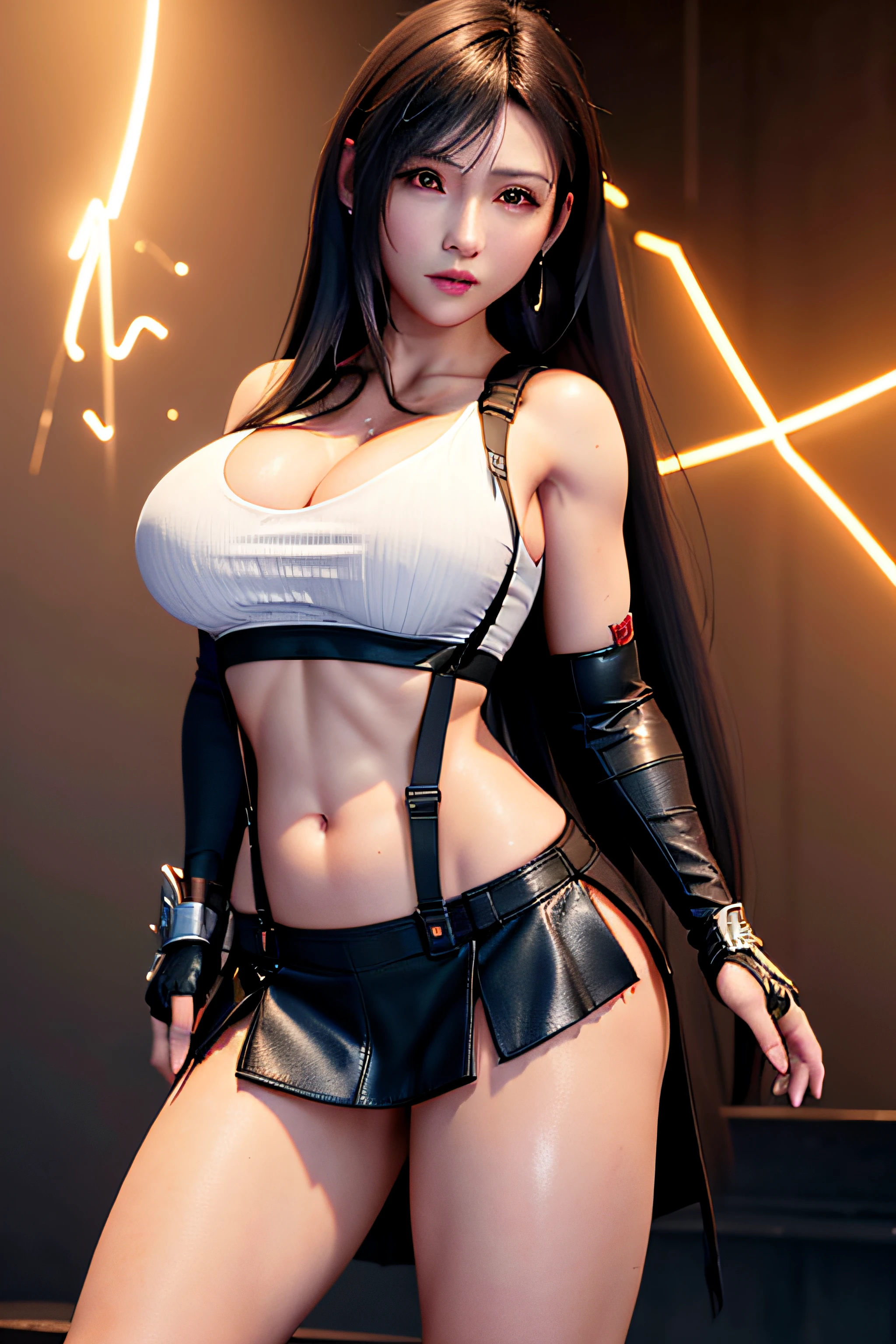 (8k, best quality, masterpiece:1,2), (realistic, photo-realistic:1,37), top quality, masterpiece, a beautiful woman, playing DJ music in a nightclub, wearing headphones, beautiful and tight body, tight clothes, cleavage, a little tattoo on the chest, a charming smile with dimples Tifa Lockheart long black hair, wearing a black leather pleeted mini skirt and whit halter top with suspenders, full body portrait, thick thighs, toned body,breasts, life like, high definition, high resolution, dynamic pose, delicate face, vibrant eyes, long hair, expressive hair, multicolored eyes, aqua eyes, purple eyes, shy, blush, parted lips, heavy breathing, sparkle, god rays, super detail, high quality, anatomically correct, textured skin, best quality,full body portrait, guweiz on artstation pixiv, flaming nova,fire in the sky, photo realism, ultra high detail, rich detail, sensual expression, resolution 4098x2160, 8k white haired deity,cinematic lighting, glowing light, god rays, ray tracing, reflection light, backlighting, blending, drop shadow, 360 view, UHD, masterpiece, ccurate, anatomically correct, super detail, high details, high quality, award winning, best quality, highres, 16k