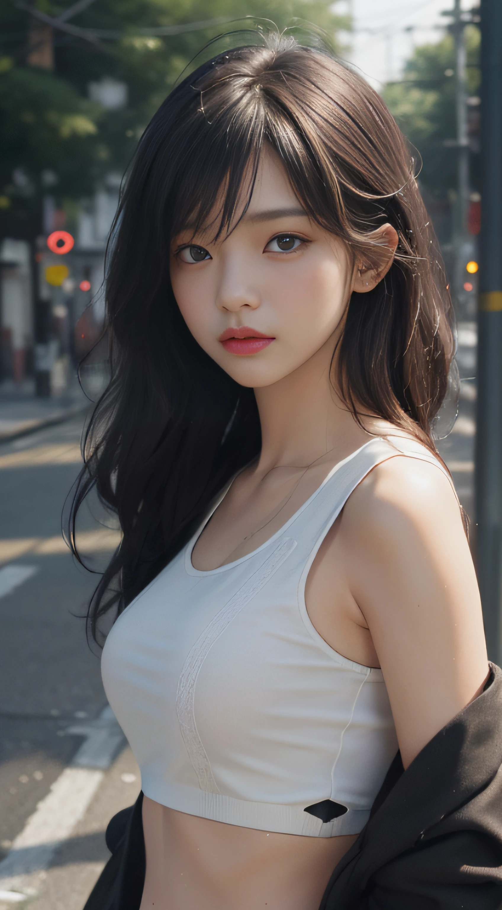 ((Best quality, 8k, Masterpiece :1.3)), Sharp focus :1.2, perfect figure beautiful woman:1.4, Slim abs:1.2, ((Layered Hair Style,)), (Tank top shirt:1.1 ), (the street:1.2), Highly detailed facial and skin texture, A detailed eye, 二重まぶた,（torn laundry：1.5）， Best Picture Quality， tmasterpiece， 超高分辨率， （fidelity：1.4）， photore， 1 rapariga，[（grieves）]，white  shirt， dimly lit， darkly， be desperate， pitying， cute little， cinematic ligh， tears， tear drop， （torn laundry：1.5）， （wetclothes：1.4）， exposed bare shoulders， Real rain， Wet hair,inner colored