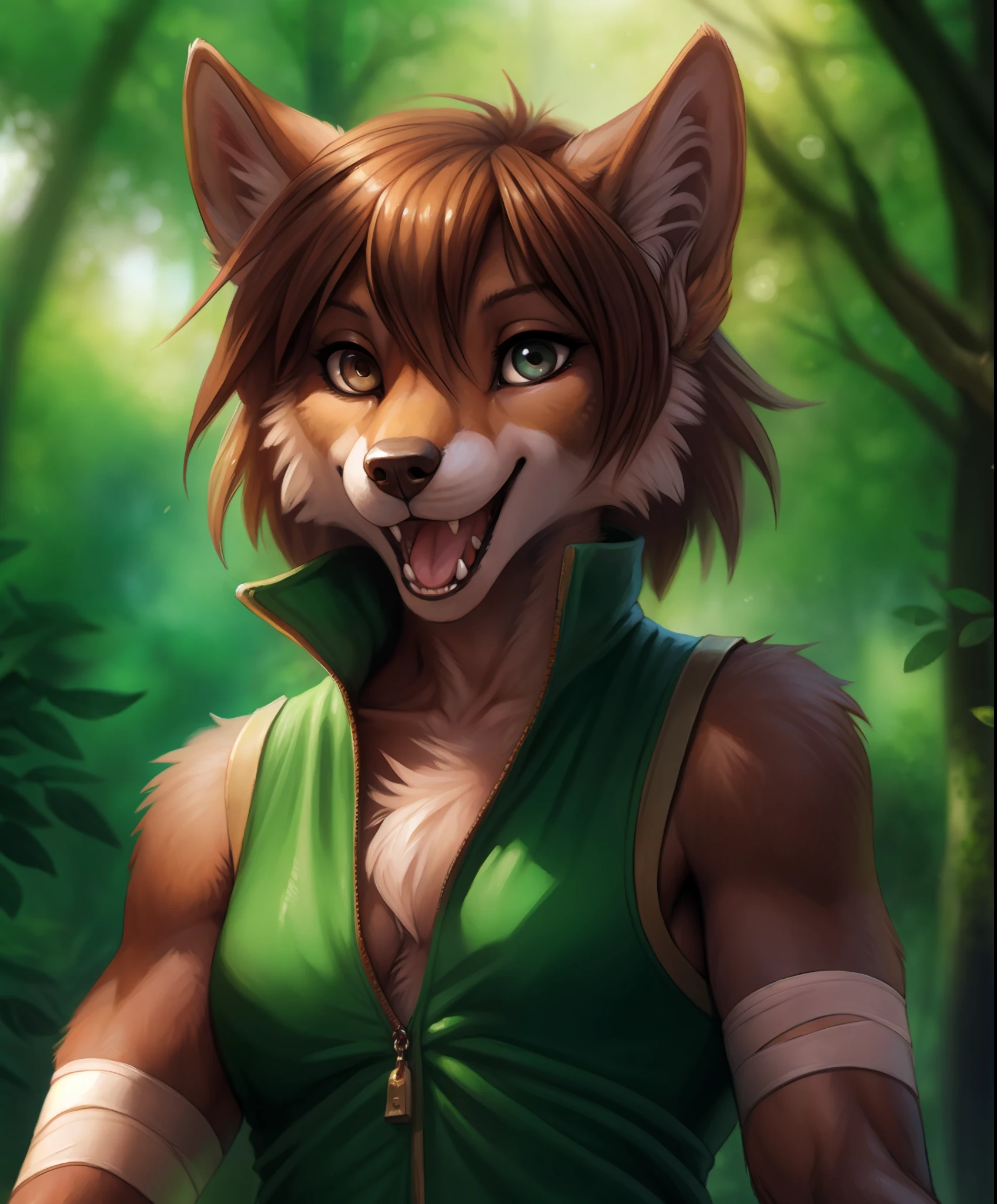 by kenket, by totesfleisch8, (by thebigslick, by silverfox5213:0.8), (by syuro:0.2), chee-riee, anthro canid, (best quality, masterpiece:1), girl, solo, furry female anthro, natani, (heterochromia:1.0), (grey eye:1.1), brown eye, green vest, flat chest, arm wraps, portrait, fingers, finger claws, looking at viewer, short hair, open mouth, wide-eyed, wolf tail, (outdoors dark forest trees blurry blurred background:1.1),