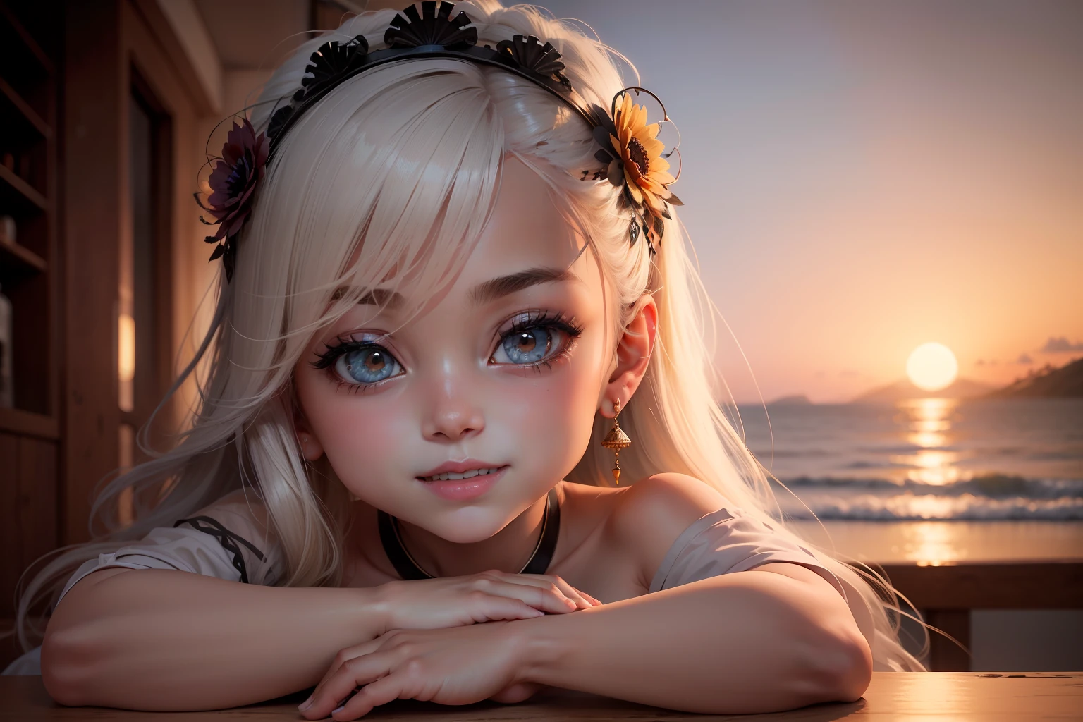 Linda garotinha de 2 anos, feliz e sorridente, com cabelos longos ruivos com lindas mechas douradas e levemente ondulados, de pele branca com um leve tom rosado, com olhos castanhos esverdeados, retrato detalhado, complexidade intrincada, rule of thirds, Sunset, Tinta fosca, luminescente, Artistic Station, arte conceitual, Arte Nova, Ilustrativos, Smooth and sharp focus Highly detailed, Maximalista e Realista.