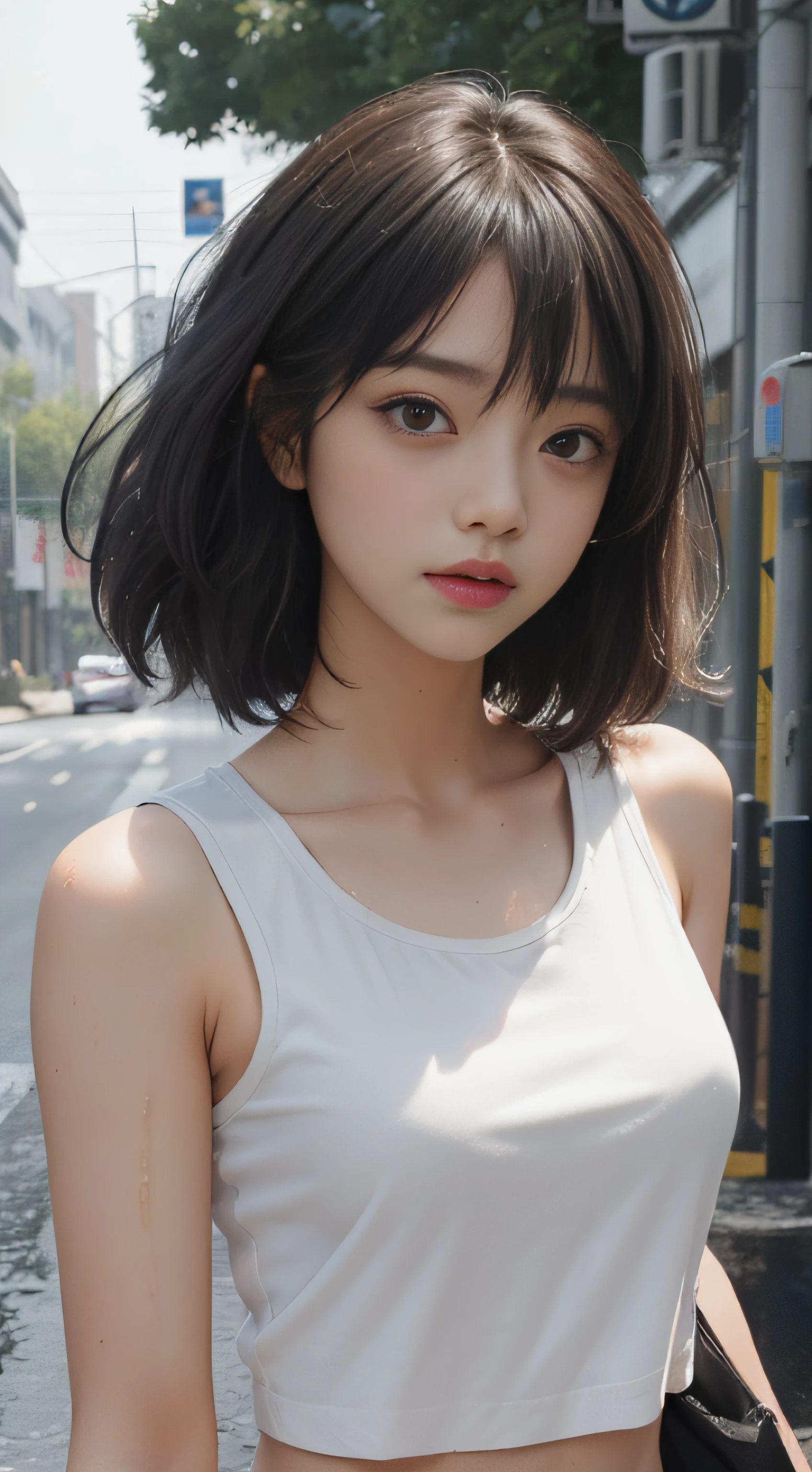 ((Best quality, 8k, Masterpiece :1.3)), Sharp focus :1.2, perfect figure beautiful woman:1.4, Slim abs:1.2, ((Layered Hair Style,)), (Tank top shirt:1.1 ), (the street:1.2), Highly detailed facial and skin texture, A detailed eye, 二重まぶた,（torn laundry：1.5）， Best Picture Quality， tmasterpiece， 超高分辨率， （fidelity：1.4）， photore， 1 rapariga，[（grieves）]，white  shirt， dimly lit， darkly， be desperate， pitying， cute little， cinematic ligh， tears， tear drop， （torn laundry：1.5）， （wetclothes：1.4）， exposed bare shoulders， Real rain， Wet hair,inner colored