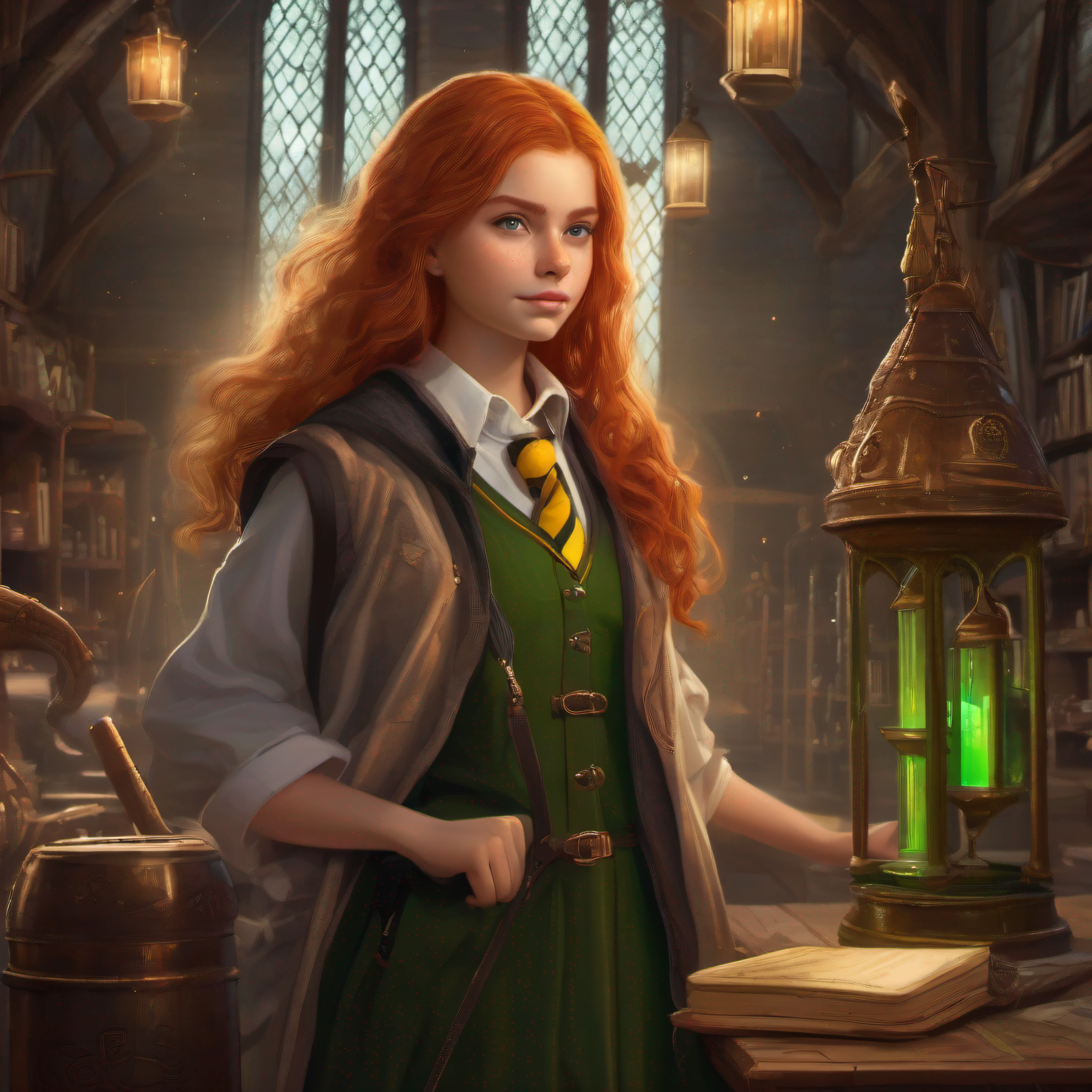 young red-haired schoolgirl with bright green eyes wearing a Hufflepuff school uniform beneath Hogwarts robes standing in a wizard's laboratory