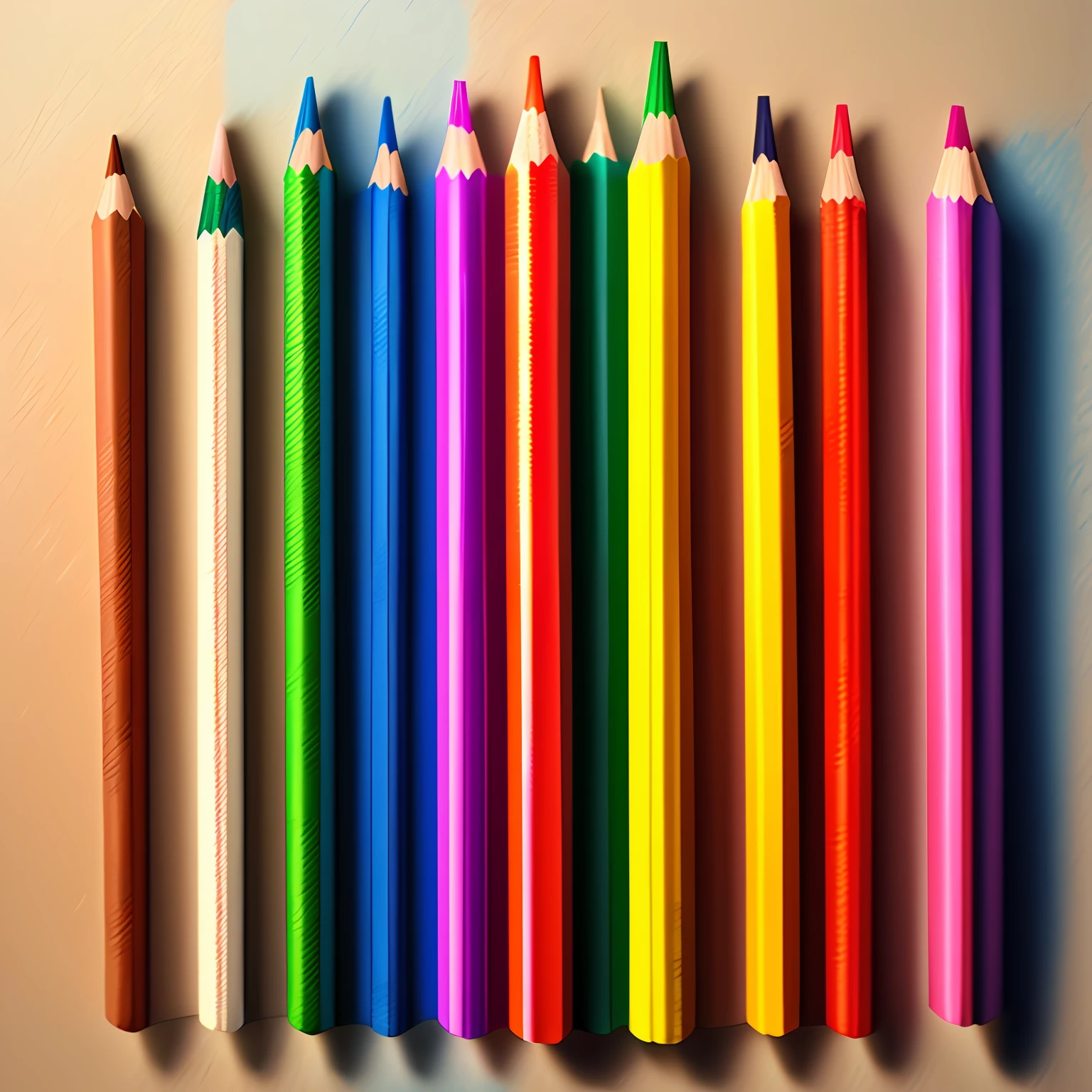 Colored pencils arranged vertically、Length varies、White background、Pencils in a horizontal row 、planar、Straight --auto