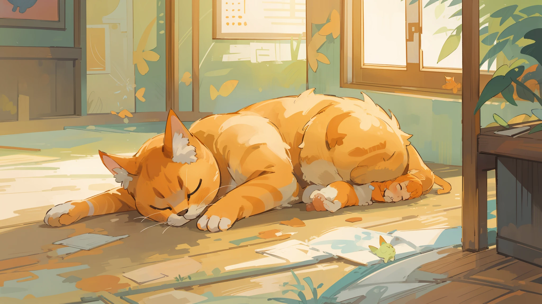 watercolor style, a cat sleeping on the floor in a room, a picture by Unkoku Togan, shutterstock, shin hanga, ginger cat in mid action, an orange cat, ginger cat, orange cat, the cat is orange, cat photo, fat cat, photo of a cat