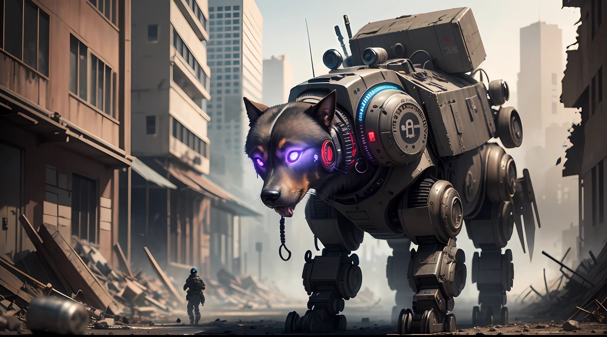 full shot, a military robot in the form of a cyborg dog with a machine gun attached to it walks through the ruins of the city in search of survivors, post-apocalyptic atmosphere, dramatic light, dark key, hdr, high detail, clear focus, 8k, hyperphotorealism, joe bussenik style --auto --s2