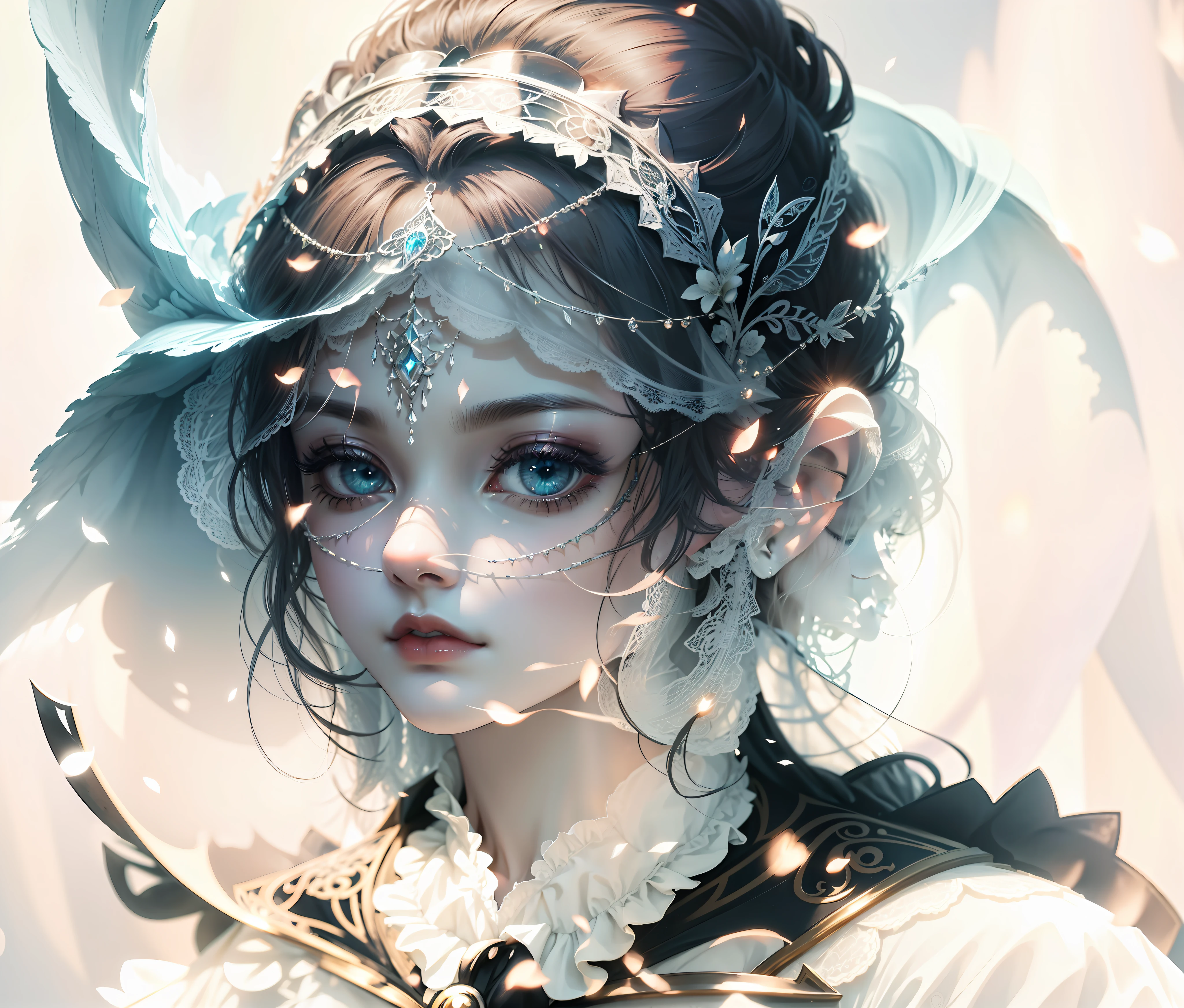 Official Art, Unity 8k wallpaper, ultra-detailed, beautiful, beautiful, masterpiece, best quality, dark, atmospheric, mystical, romantic, creepy, literature, art, fashion, victorian, decoration, intricate, ironwork, lace, contemplative, emotional depth, supernatural, 1 girl, solo, neck, bust composition
