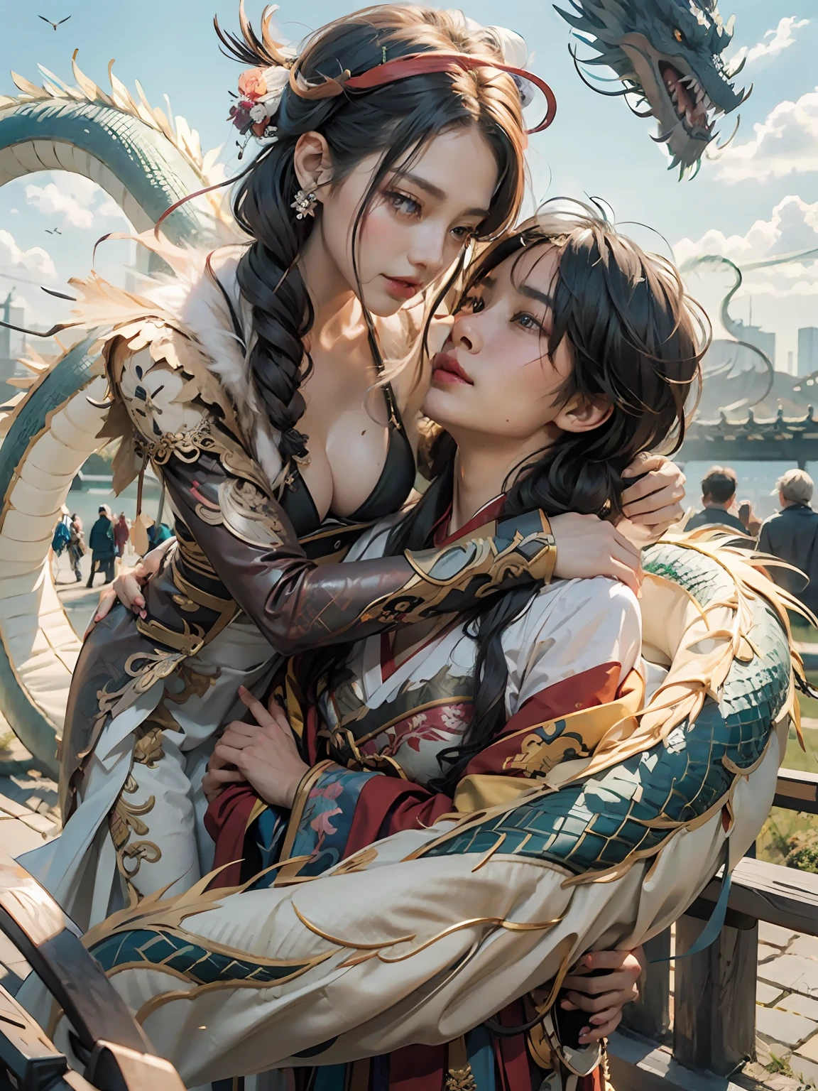 tmasterpiece，HighestQuali，8K，Cinema lenses，closeup cleavage，A boy befriends a Chinese dragon，A detailed，high qulity，Hanfu，Ride，hugs，sky，Fly，