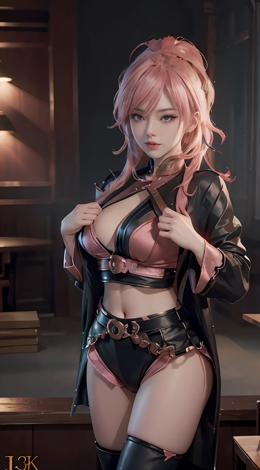 jixiaoman，Pink_Hair，black_clothes，((Realistic lighting, Top quality, 8K, Masterpiece: 1.3)), Clear focus: 1.2, 1 girl, Bigboobs,Perfect body beauty: 1.4, Slim abs: 1.1, Perfect face,beautfully face