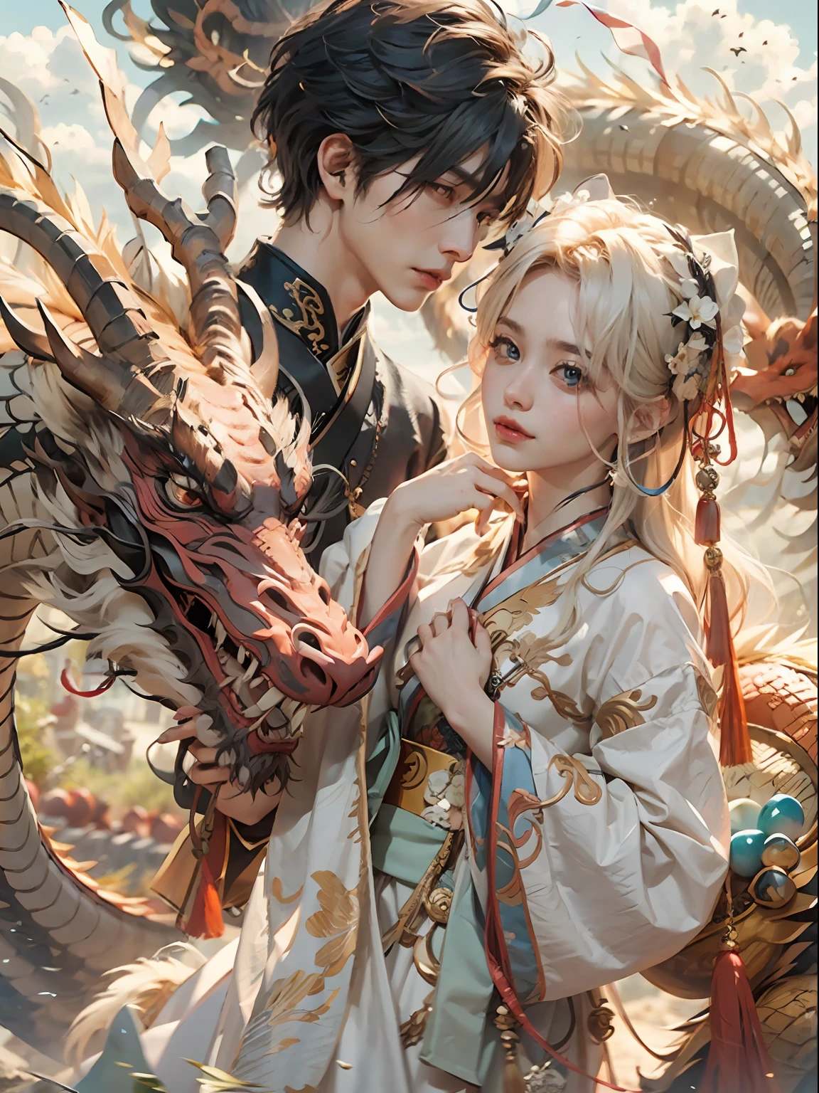 tmasterpiece,HighestQuali,8K,Cinema lenses,closeup cleavage,A boy befriends a Chinese dragon,A detailed,high qulity,Hanfu,Ride,hugs,sky,Fly,