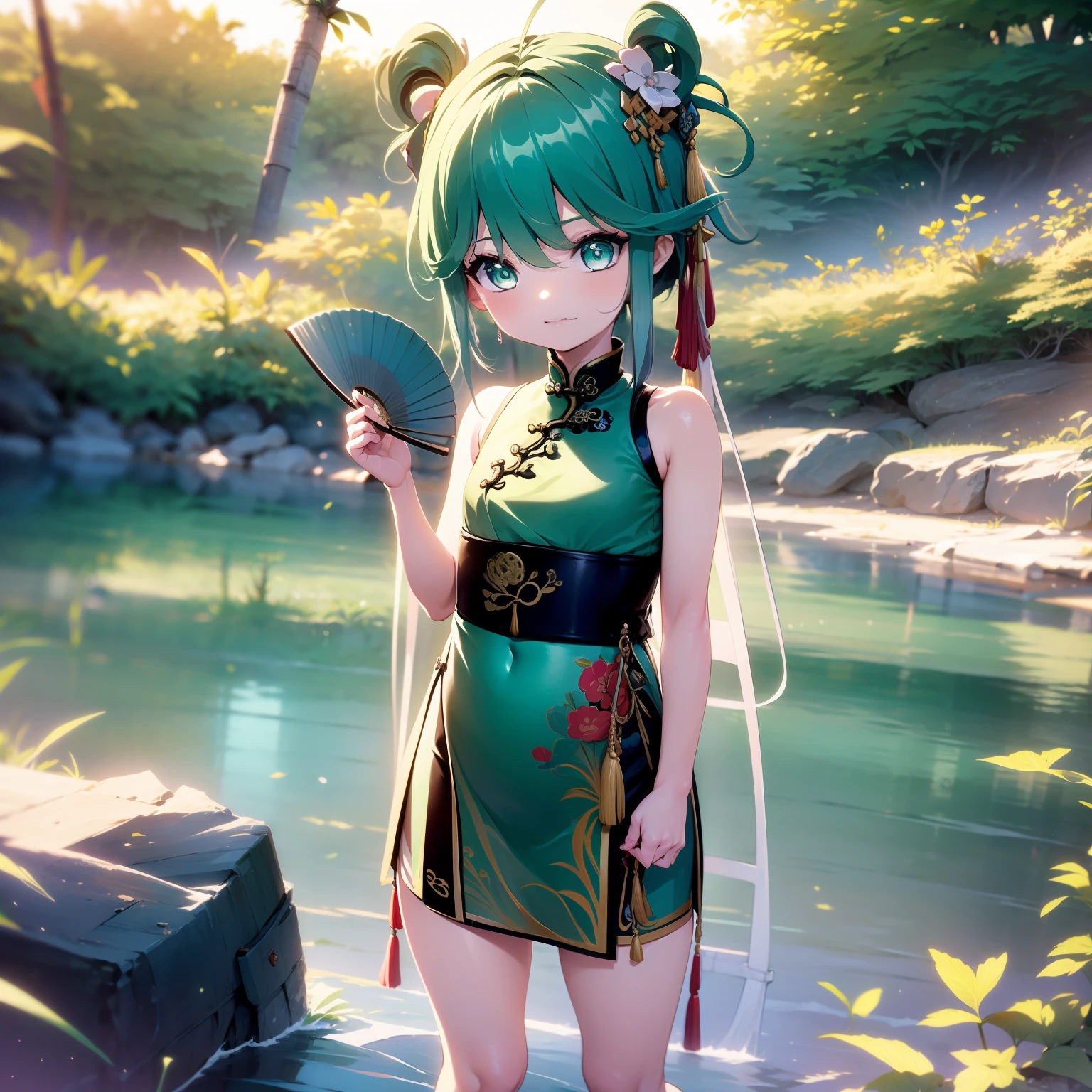 Little Girl, Standing in front of the pond, Wearing a green Chinese dress, holding a fan, sharp eyes, Best quality, masterpiece