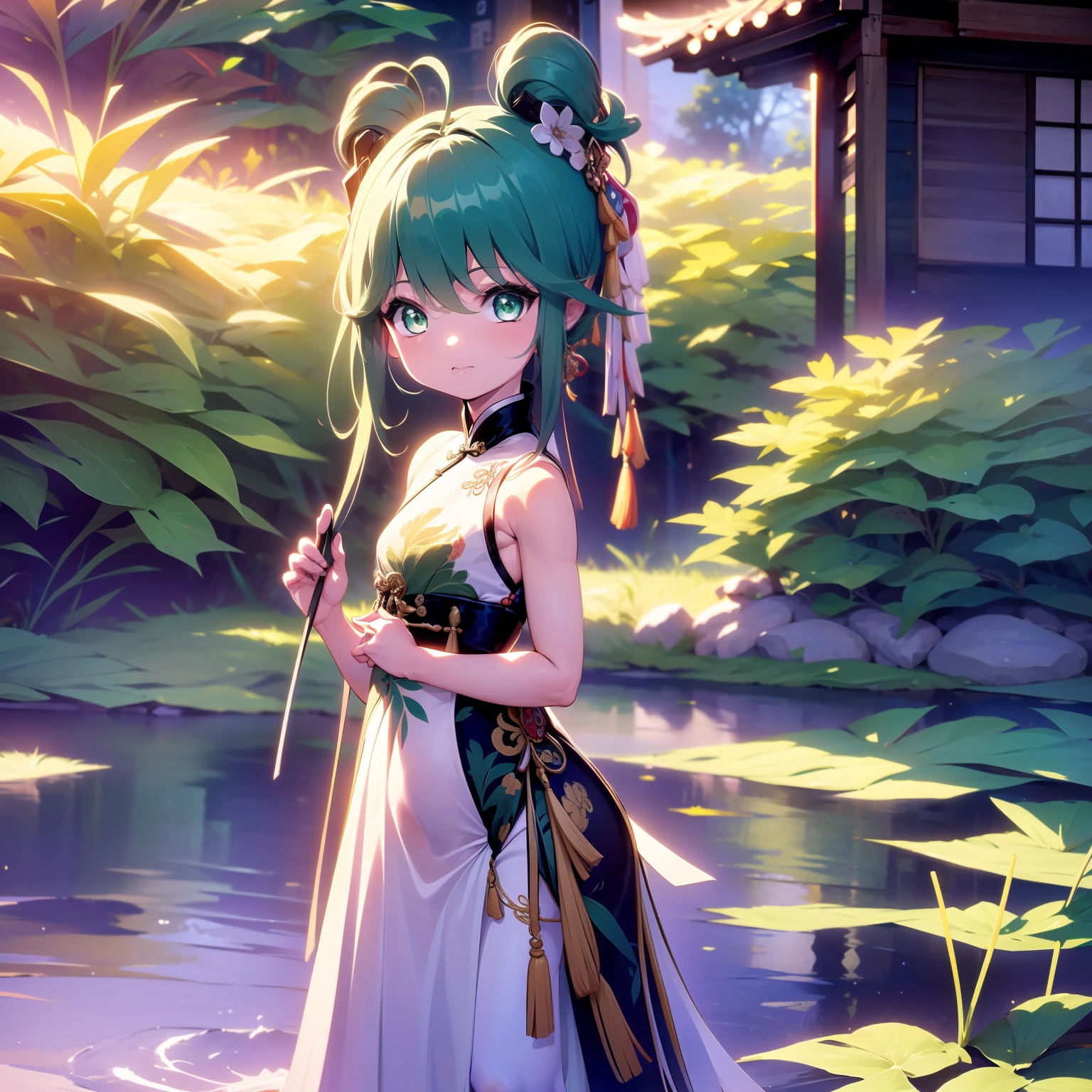, Standing in front of the pond, Wearing a green Chinese dress, holding a fan, sharp eyes, Best quality, masterpiece