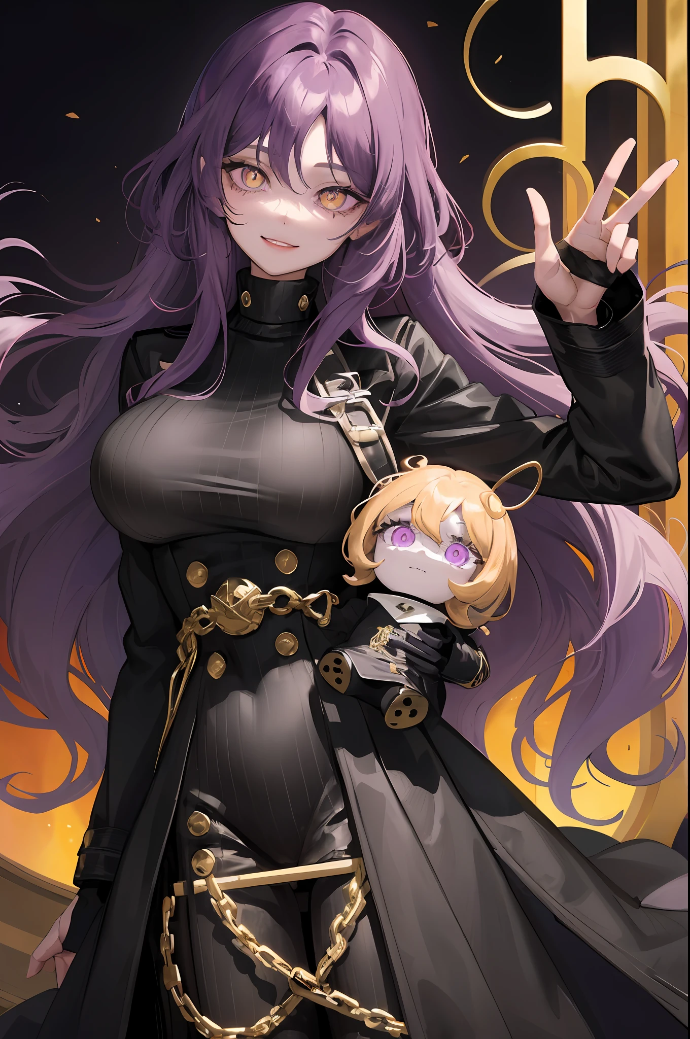 1woman, purple long wavy hair, swept bangs, ((golden eyes)), fake smile, unnerving smile, black turtleneck, open pirate trench coat, dark sky, pretty eyes, lifeless eyes, big doll-like eyes
