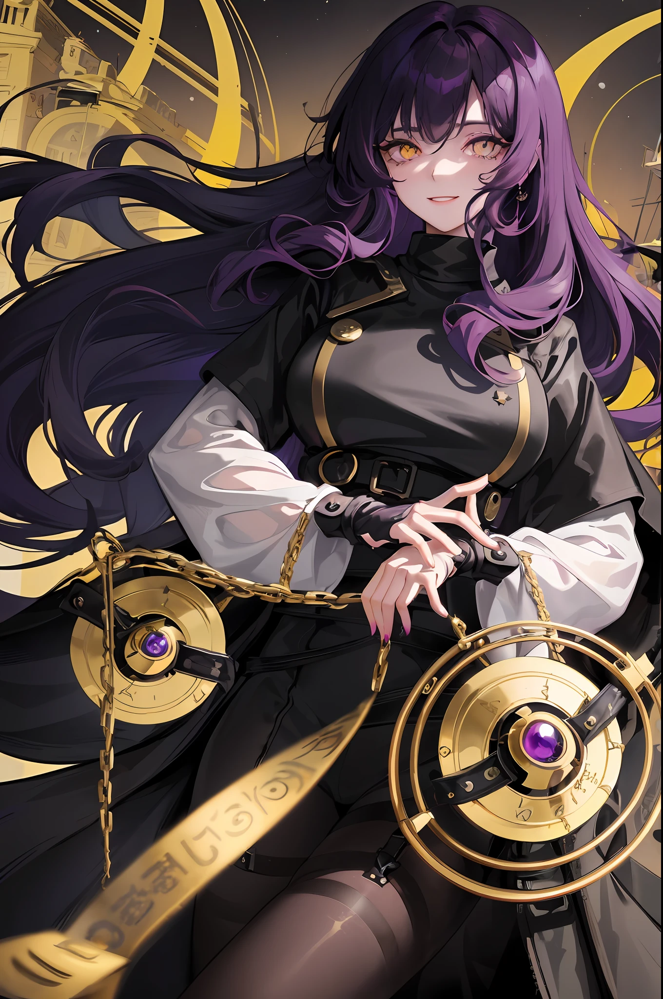 1woman, purple long wavy hair, swept bangs, ((golden eyes)), fake smile, unnerving smile, black turtleneck, open pirate trench coat, dark sky, pretty eyes, lifeless eyes, big doll-like eyes