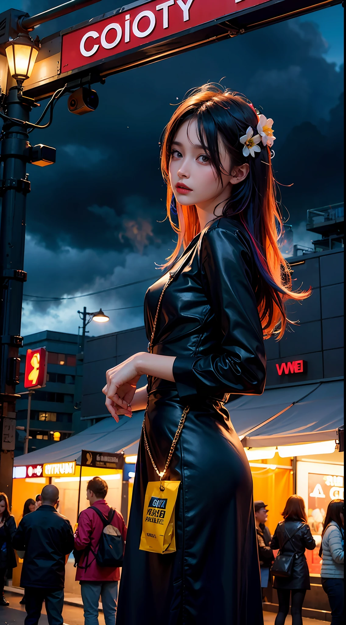 Some girls take selfies at food festivals, foods, fruits, street, cyberpunk, city night, absurdres, highres, extremly detailed, artist style, material effects, upper body, galaxy multicolored hair in new york city at night with orange fog, cybercity, professional lighting, photon mapping, radiocity, physically-based rendering, long dress with vintage flower