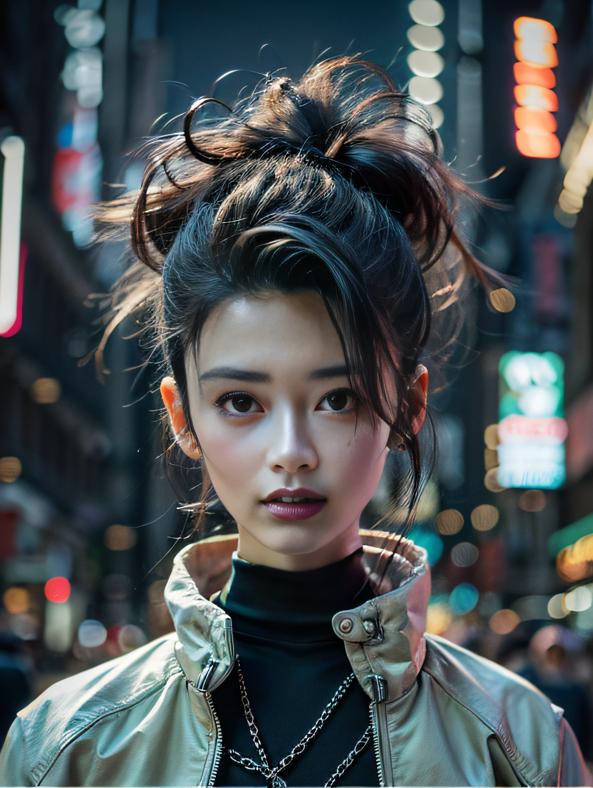 masterpiece、hightquality、Soio、beautiful model、Back lighting、beautiful hairl、A detailed eye、À la Fed woman sitting on a city bench with neon sign, bladerunner的air、full bodyesbian、Cinematic. leng jun, Anime style mixed with Fujifilm, mid shot portrait, cyberpunk streetwear, Inspired by Liam Wong, inspired by Kanō Naizen, cyberpunk vibe, cyberpunk photo, muted cyberpunk style, Medium shot portrait, hyper-realistic cyberpunk style, wearing cyberpunk streetwear、Powerful Hand Pose、low angles、wide-angle lens、14mm lens、sigma、Depth of subject、8K High Resolution、细致背景、Drawing with enhanced hair details、A detailed face、more hair、Detailed nose、Detailed mouth、Detailed body、stares at the camera、Hair details