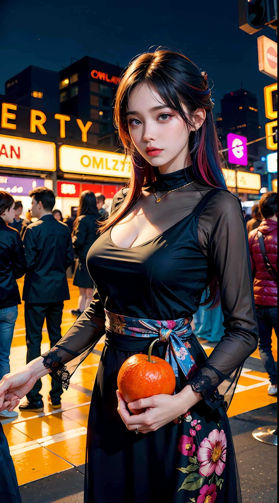 Some girls take selfies at food festivals, foods, fruits, street, cyberpunk, city night, absurdres, highres, extremly detailed, artist style, material effects, upper body, galaxy multicolored hair in new york city at night with orange fog, cybercity, professional lighting, photon mapping, radiocity, physically-based rendering, long dress with vintage flower