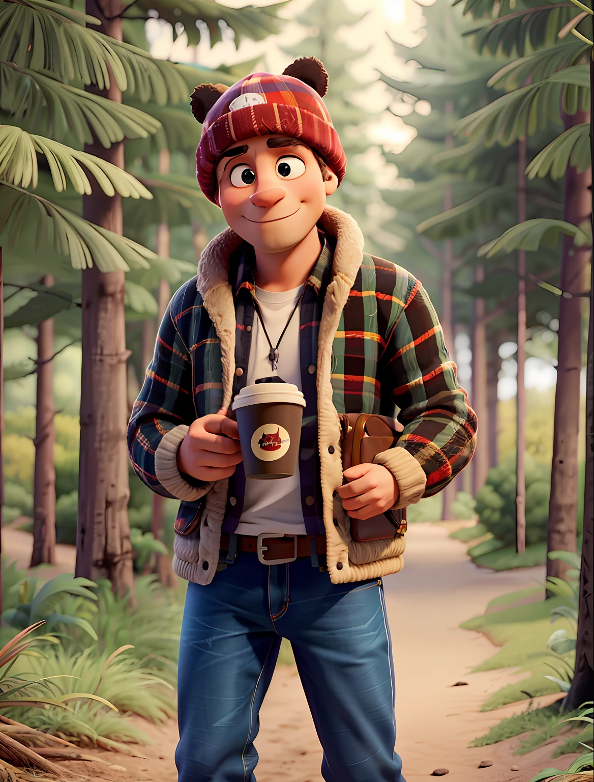 Um homem extremamente com barba cheia, usando um tuque, Buffalo plaid flannel, jeans e algumas botas Timberland marrons, while he holds a cup of red Tim Hortons coffee, holding his hand out saying applause to the camera, na natureza das montanhas nevadas, Fundo desfocado, Alce no fundo, veado, Ursos, profundidade de campo rasa, Cinematic light, luz suave, retroiluminado, micro-detalhes, fotorrealismo, fotorrealista, cinemactic, 85mm 1.4