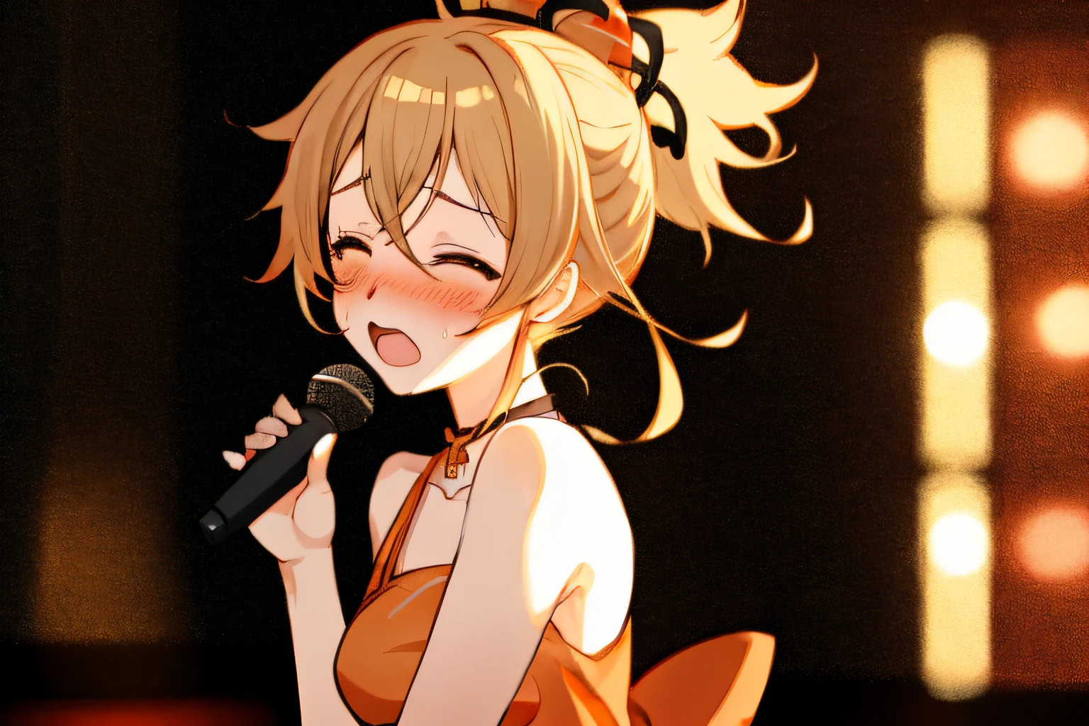 1girl, yoimiyadef, drunk, karaoke, singing, night club, tokyo, embarrassed,