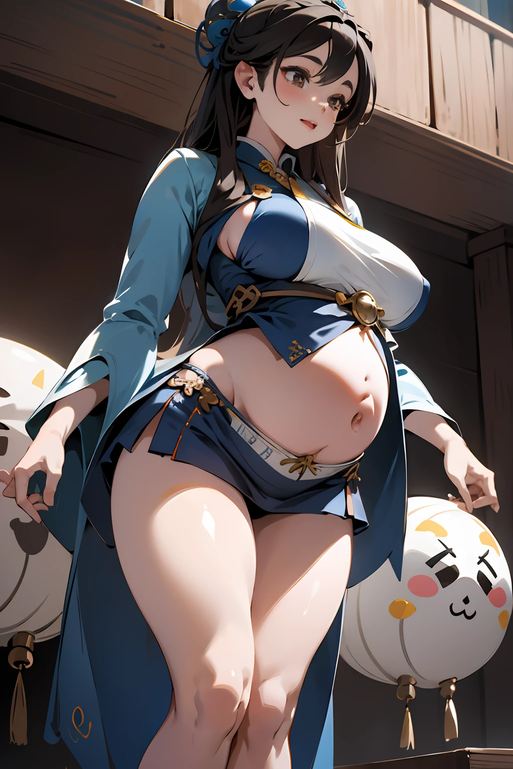 Woman in miniskirt, she has a jiggly fat round belly, Her belly was big and round, hyperrealistic full figure, Japanese goddess, trending on cgstation, potbelly, Voluptious body, Pregnant belly, giant stunning goddess shot, trending at cgstation，Big breasts Thin waist，tatical clothes
