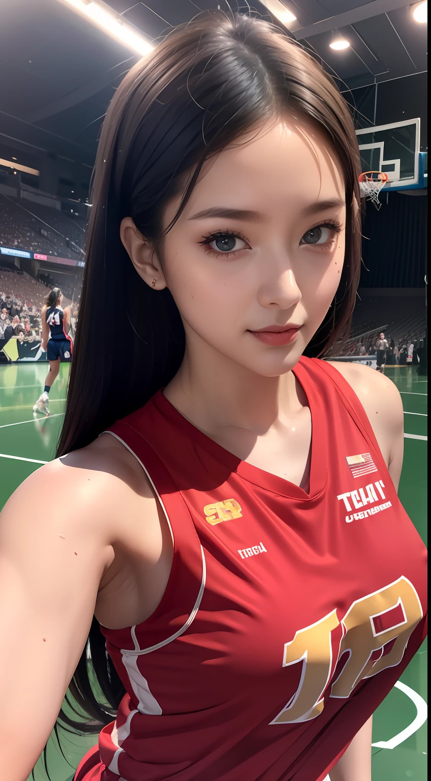 Masterpiece: 1.2, best quality), realistic, (real picture, rich details details, depth of fields), (1girl, solo), ssmile,exquisite facial features,s the perfect face,makeup, high detail, perfect face shape, (big breasts: 1.4), (skindentation ), thick thight, Wide hips, big breasts thin waist, Tall guy, coral, Redlip, red - eyed, horse tailed,((((Girl playing basketball, Transparent jersey)))), (sweat leggs: 1.2), (dampness), Raised sexy, Be red in the face,Sweaty