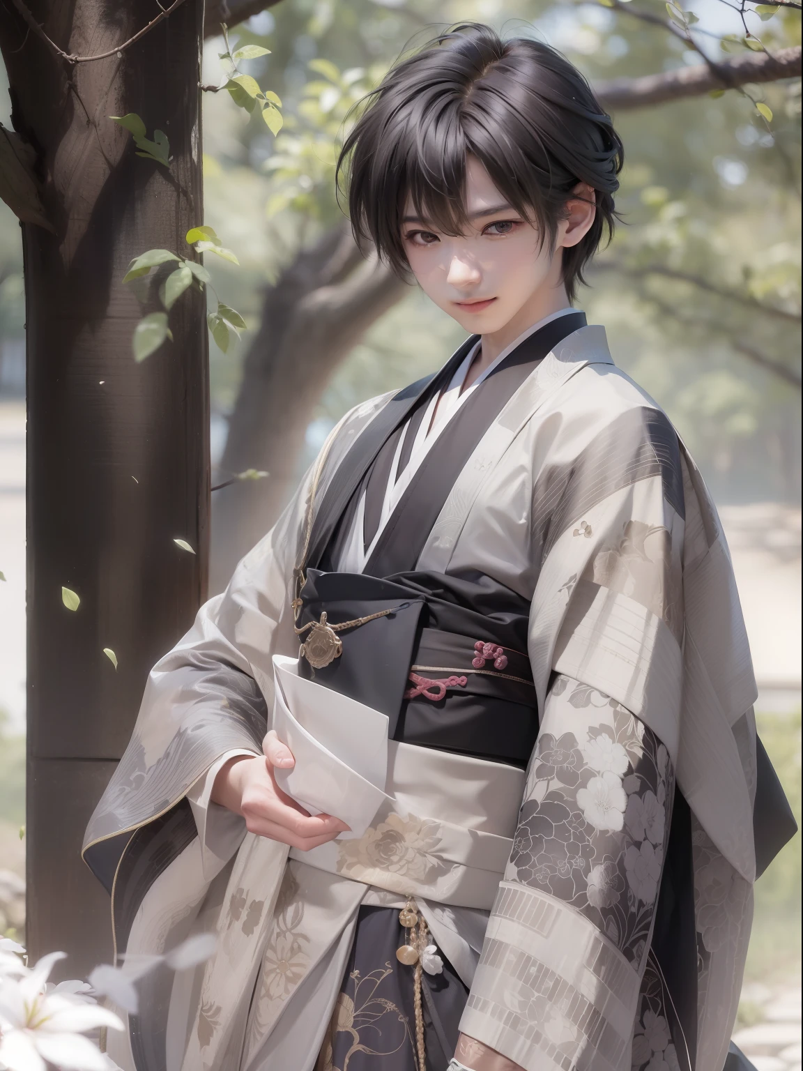 Best Quality, (Extremely detailed: 1.5), masutepiece, 超A high resolution,(photographrealistic:1.4), (1 boy:1.5),smile, Big eyes, Full body, Low ponytail, Prince of Japan, Black hair, Black monotone kimono, Hakama, Dynamic Angle, Dynamic Pose, Cool pose