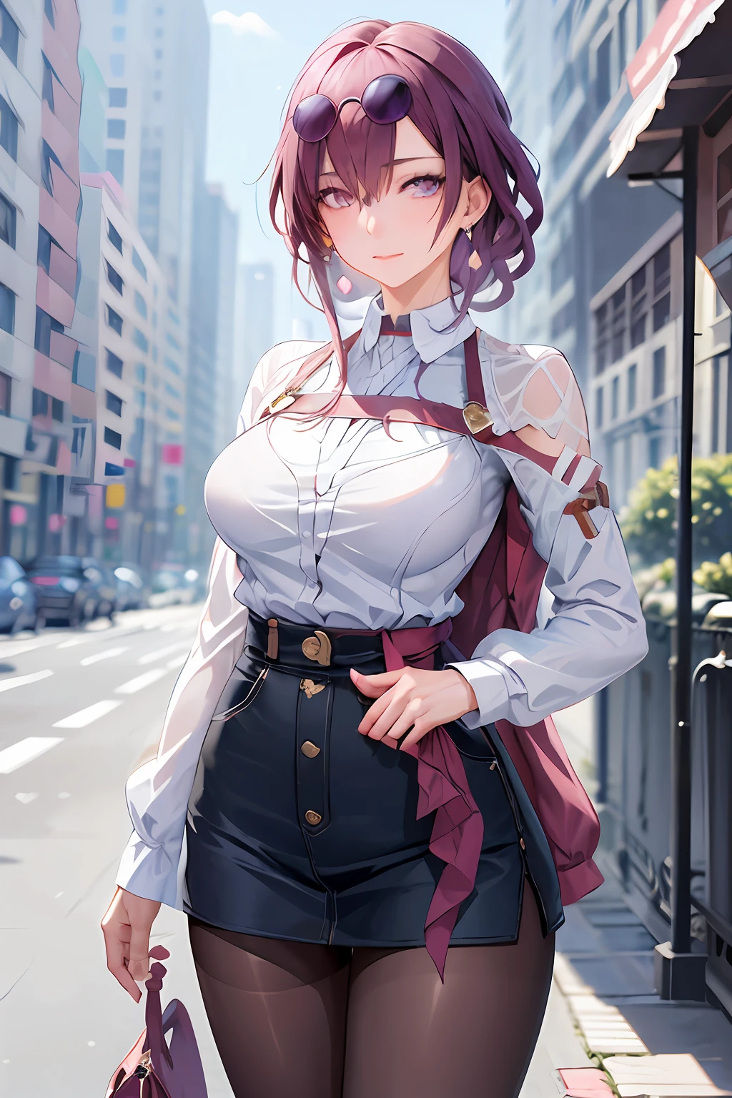 masterpiece, best quality, 1girl, skinny, large breasts,  official,shirt, (undressing:1.4),    pantyhose, eyewear on head,  purple eyes, empty eyes, earrings,  street