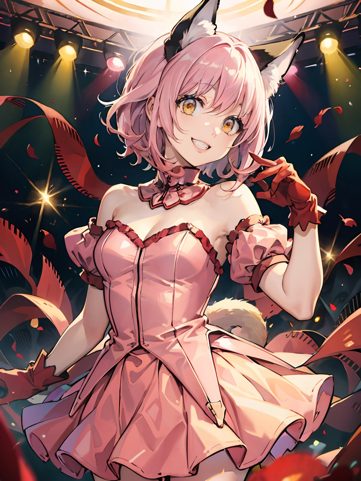 (illustration:1.1),(Best quality),(Masterpiece:1.1),(beautiful and clear background:1.25),(Masterpiece, Best quality, Ultra-detailed), (Photorealistic), (Beautiful detailed eyes),Stage,stage light,(Pink hair), 1girll,fox ear,Solo,view the viewer,Cowboy shot, The upper part of the body, uehara ayumu, Yellow eyes, Yellow white frilled dress, grin,Depth of field,(Red gloves:1.4),Frilled gloves,sweeping bangs,cropped shoulders, round teeth,Ai's pose,Double V,