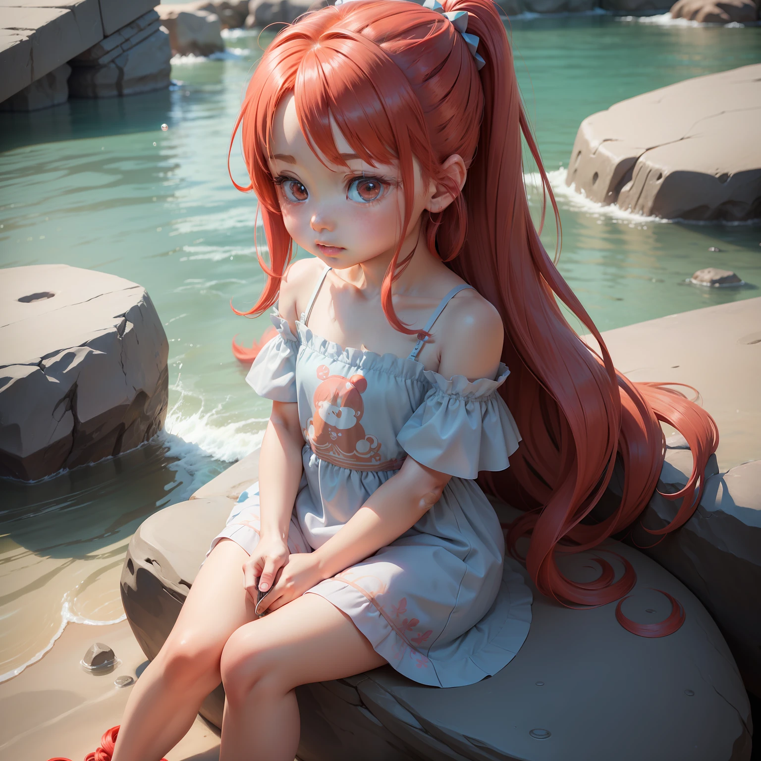 （Extremely detailed CG unified 4K wallpaper），blind box toy style，A cute little girl，red tinted hair，Shoulder-length hair is medium-long，Happy，Light blue clean background，Sit on a rock，avatar close up，drinking milktea。