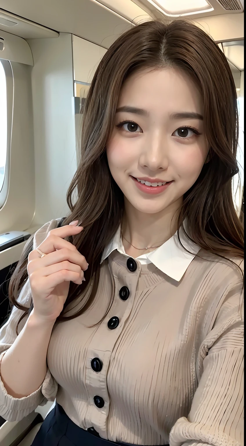 ((top-quality、8K、masterpiece:1.3))、Pretty women、20 years girl、K-pop Idol Face、Colossal tits:1、slender figures:1、dark brown hair、(white walls)、(Cabin Attendant Uniform)、hyperdetailed face、Detailed lips、A detailed eye、二重まぶた、sexy pose、A smile、Sexy Shots、Raw photo、a baby face、kawaii faces、Cute