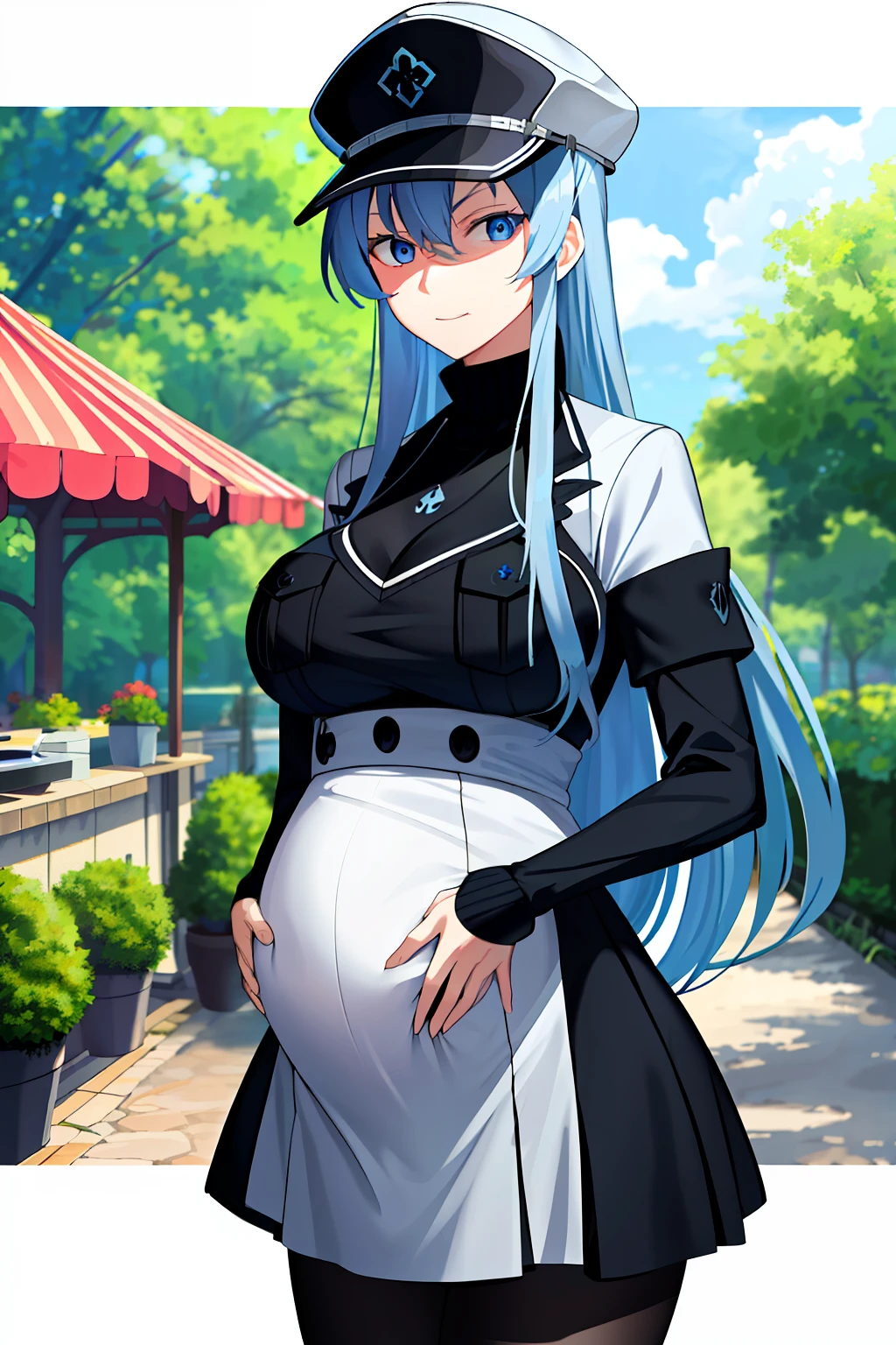 (Masterpiece), (Best quality),A high resolution, Ultra detailed, esdeath, Long hair ,Blue hair, Blue eyes, Peaked hat, Detailed background, cafe shop,high waisted skirt, Black pantyhose, (Black sweater), full bodyesbian，Pregnant belly, maternity attire for pregnant women，maternity dress，pregnant belly，Pregnant belly