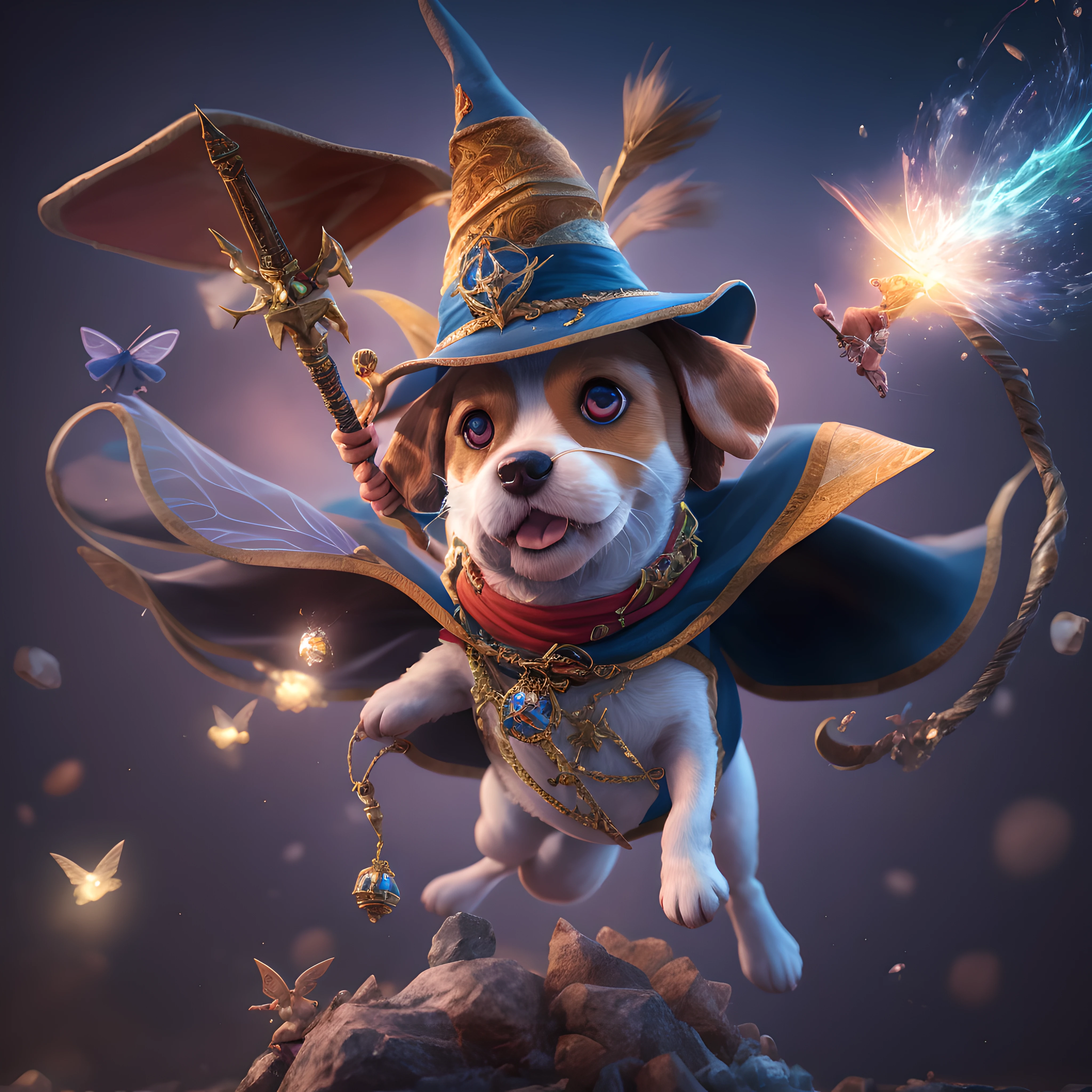 Wizard Beagle, Little fairies flying around, Wizardry World Background, Poisonous wand, Brilliant expression, 3d rendered, hoog detail, Crisp background, (ultra-definition), HDR, unreal-engine, Octane rendering, Sharpen every detail, The ultra-Highres