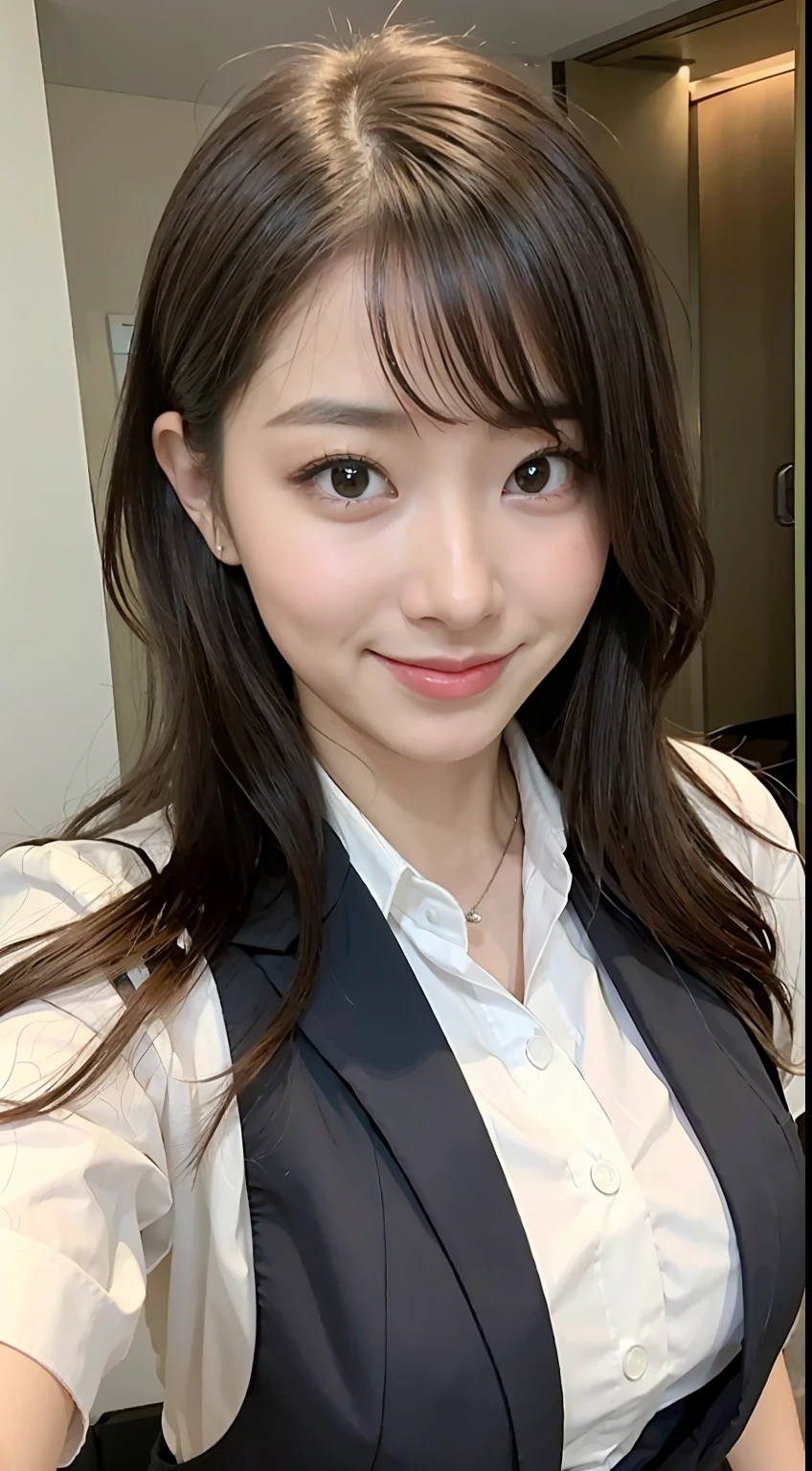 ((top-quality、8K、​masterpiece:1.3))、Pretty women、20 years girl、K-pop Idol Face、Colossal tits:1、slender figures:1、dark brown hair、(white walls)、(Cabin Attendant Uniform)、hyperdetailed face、Detailed lips、A detailed eye、二重まぶた、sexy  pose、A smile、Sexy Shots、Raw photo、a baby face、kawaii faces、Cute