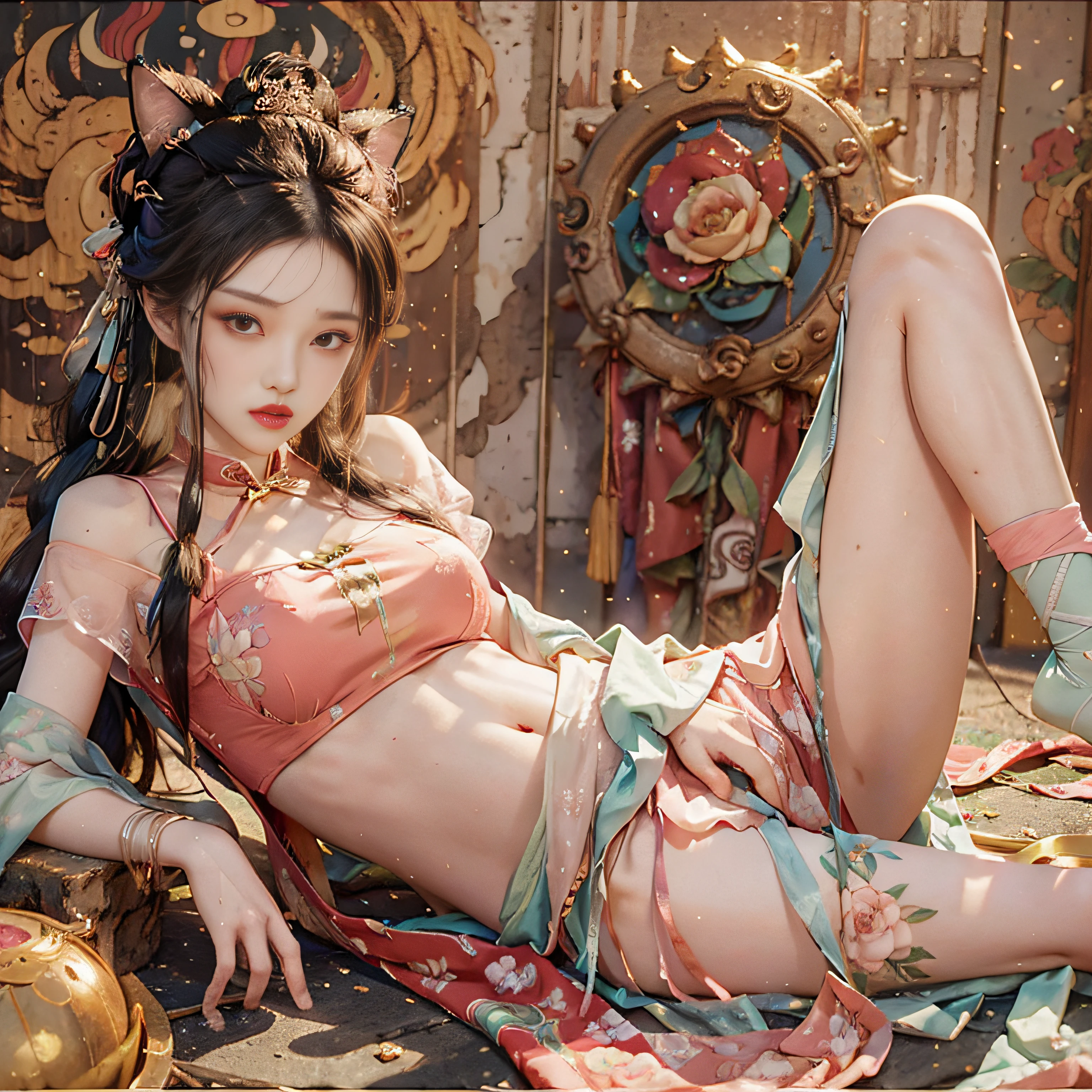 Selling cute and soul-destroying expressions, sticking out his tongue，BDSM，slaves，Tight belly pocket，shackle，collars，NSFW，（（best qualtiy，32k，tmasterpiece：1.3））），Clear focus：1.2，（layer cut，The large：1.2），Beautiful Women in Perfect Figure：1.4，Slender abs：1.2，Get wet：1.5，Highly Detailed Face and Skin Textur，Detailed eyes，二重まぶた，The ball with a hairpin twisted braid，Wear large-rimmed glasses，Wearing a pink flower fairy, sweet and pure desire high split cheongsam lace print cheongsam，Wearing cat ears，Split legs，Dance ballet with a big belly that is pregnant in October，Wear ballet shoes