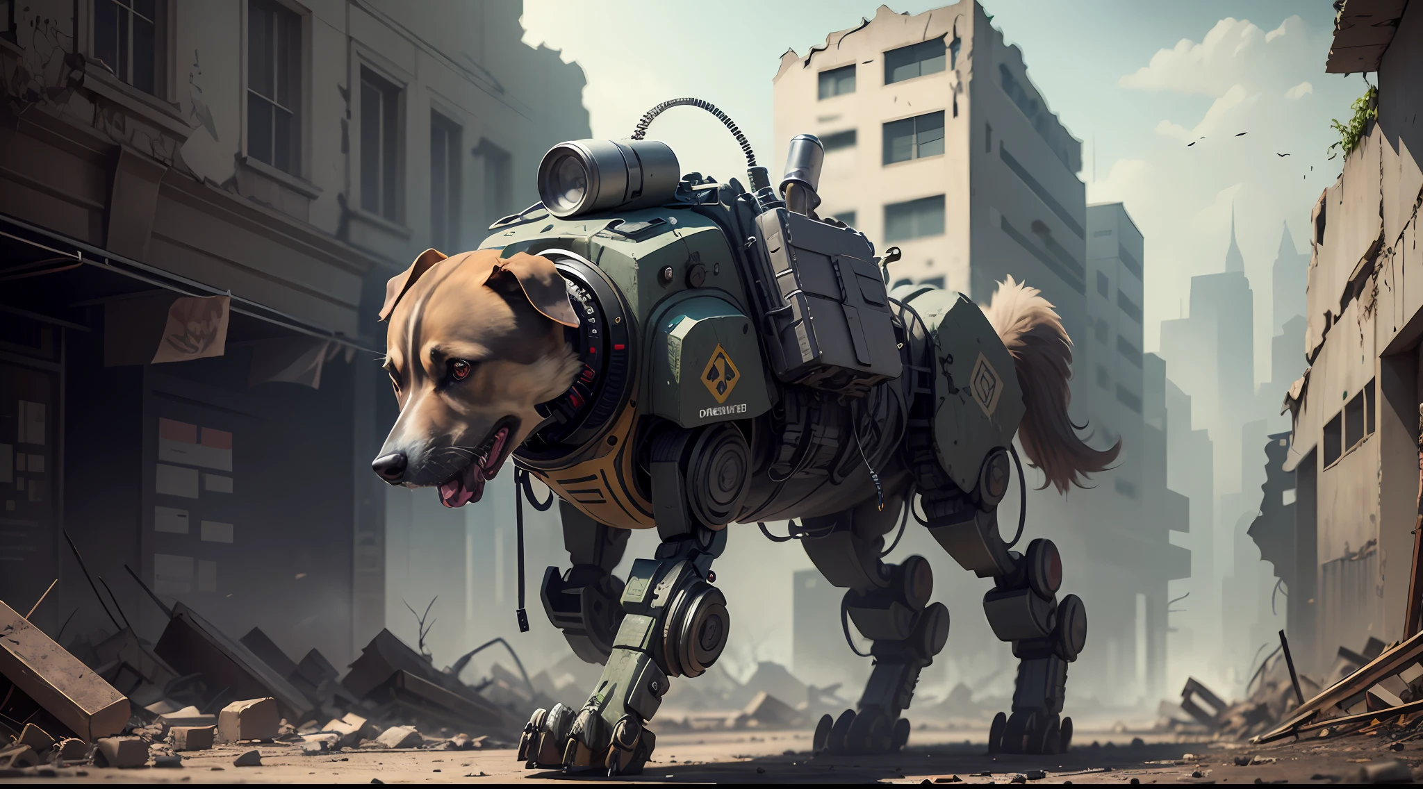 full shot, a military robot in the form of a cyborg dog with a machine gun attached to it walks through the ruins of the city in search of survivors, post-apocalyptic atmosphere, dramatic light, dark key, hdr, high detail, clear focus, 8k, hyperphotorealism, joe bussenik style --auto --s2