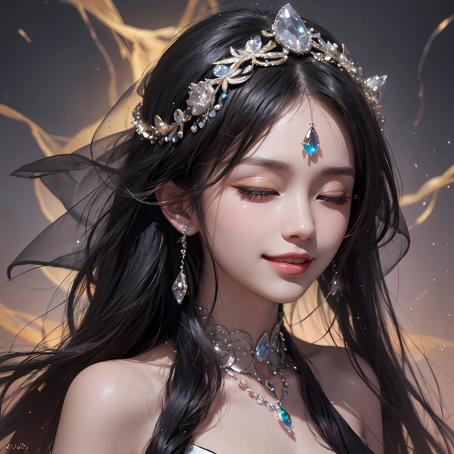 Black hair, Gradient hair, There are precious stones on the forehead, rimless eyewears, mouth veil, Sparkling pupils,long eyelasher, One eye closed, grin, hyper photorealism, Cinematic lighting, projected inset, surrealism, hyper HD, Masterpiece, 16k
