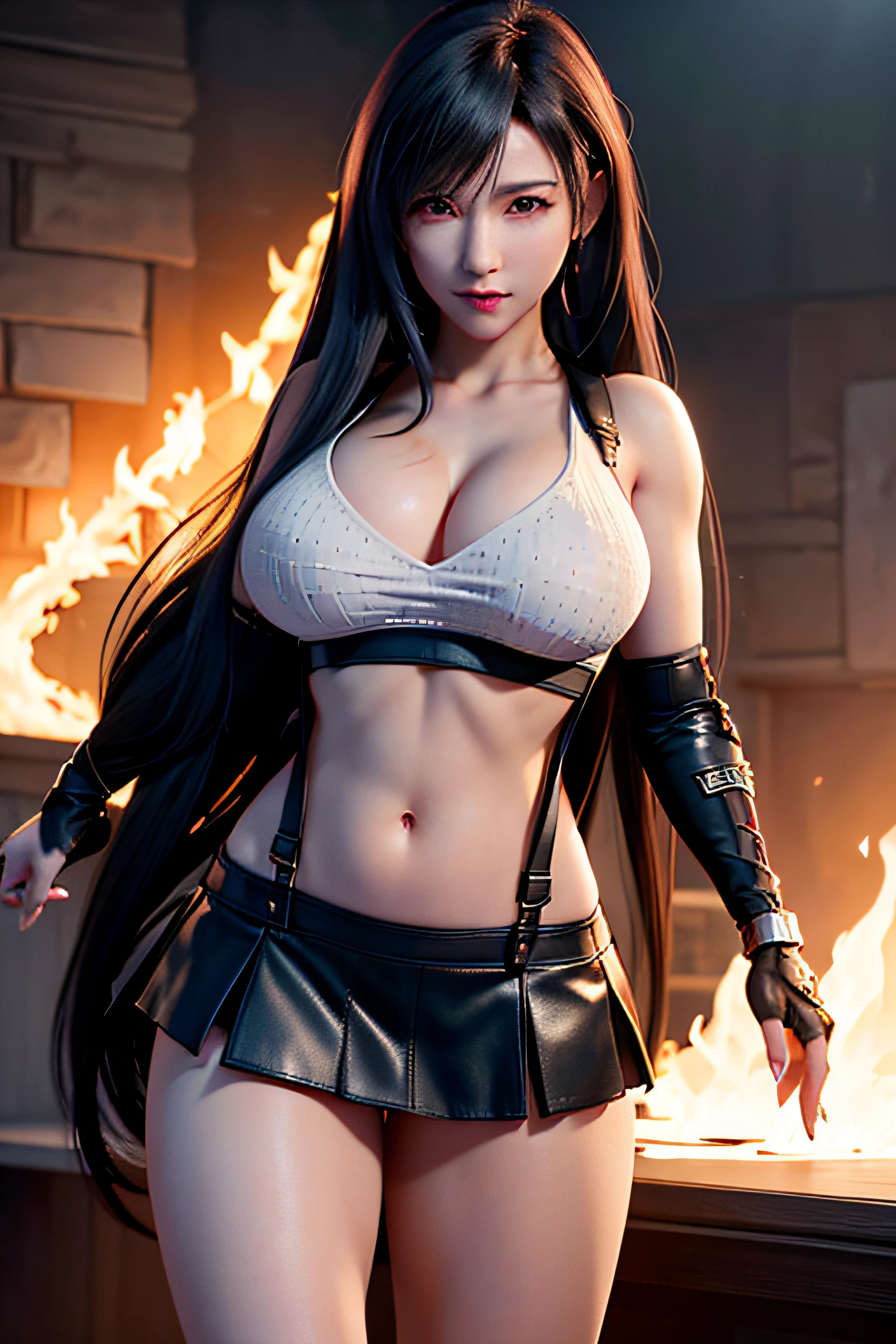 (8k, best quality, masterpiece:1,2), (realistic, photo-realistic:1,37), top quality, masterpiece, a beautiful woman, playing DJ music in a nightclub, wearing headphones, beautiful and tight body, tight clothes, cleavage, a little tattoo on the chest, a charming smile with dimples Tifa Lockheart long black hair, wearing a black leather pleeted mini skirt and white halter top with suspenders, walking on the beach, full body portrait, thick thighs, toned body,breasts, life like, high definition, high resolution, dynamic pose, delicate face, vibrant eyes, long hair, expressive hair, multicolored eyes, aqua eyes, purple eyes, shy, blush, parted lips, heavy breathing, sparkle, god rays, super detail, high quality, anatomically correct, textured skin, best quality,full body portrait, guweiz on artstation pixiv, flaming nova,fire in the sky, photo realism, ultra high detail, rich detail, sensual expression, resolution 4098x2160, 8k white haired deity,cinematic lighting, glowing light, god rays, ray tracing, reflection light, backlighting, blending, drop shadow, 360 view, UHD, masterpiece, ccurate, anatomically correct, super detail, high details, high quality, award winning, best quality, highres, 16k