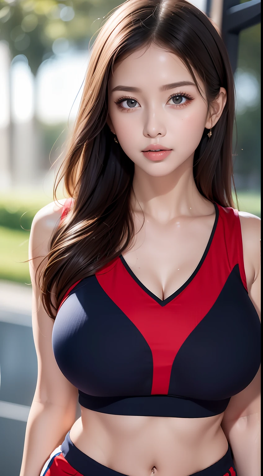 Masterpiece: 1.2, Best quality), Realistic, (Real picture, rich detail details, depth of fields), (1girll, Solo), ssmile,Exquisite facial features,s the perfect face,Makeup, High detail, Perfect face shape, (Big breasts: 1.4), (skin indentation ), thick thight, Wide hips, Big breasts Thin waist, Tall guy, coral, Redlip, red - eyed, horse tailed,((((Girl playing basketball, Sheer jersey)))), (sweat leggs: 1.2), (dampness), Raised sexy, Be red in the face,Sweaty
