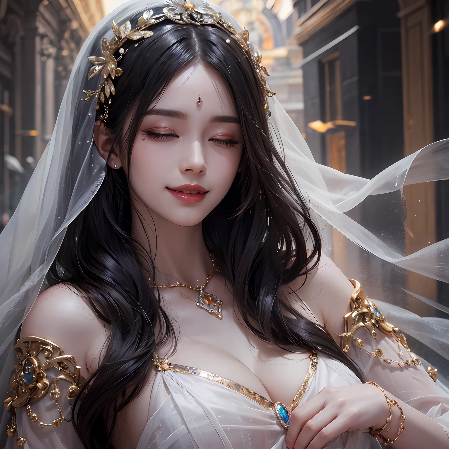 Black hair, Gradient hair, There are precious stones on the forehead, rimless eyewears, mouth veil, Sparkling pupils,long eyelasher, One eye closed, grin, hyper photorealism, Cinematic lighting, projected inset, surrealism, hyper HD, Masterpiece, 16k