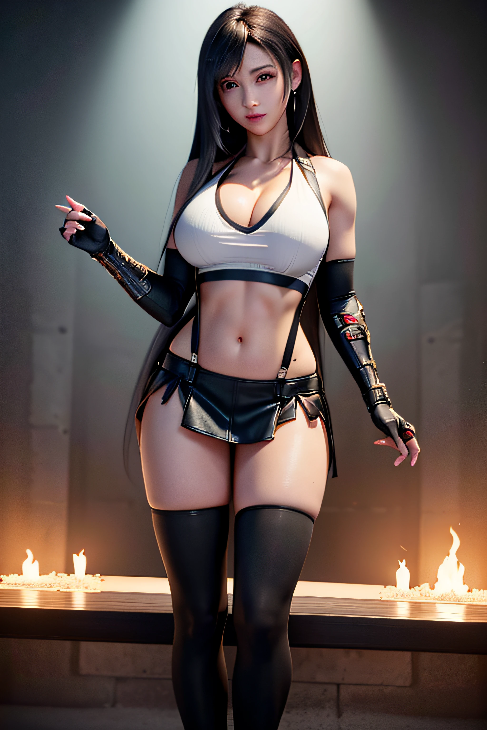 (8k, best quality, masterpiece:1,2), (realistic, photo-realistic:1,37), top quality, masterpiece, a beautiful woman, playing DJ music in a nightclub, wearing headphones, beautiful and tight body, tight clothes, cleavage, a little tattoo on the chest, a charming smile with dimples Tifa Lockheart long black hair, wearing a black leather pleeted mini skirt and white halter top with suspenders, walking on the beach, full body portrait, thick thighs, toned body,breasts, life like, high definition, high resolution, dynamic pose, delicate face, vibrant eyes, long hair, expressive hair, multicolored eyes, aqua eyes, purple eyes, shy, blush, parted lips, heavy breathing, sparkle, god rays, super detail, high quality, anatomically correct, textured skin, best quality,full body portrait, guweiz on artstation pixiv, flaming nova,fire in the sky, photo realism, ultra high detail, rich detail, sensual expression, resolution 4098x2160, 8k white haired deity,cinematic lighting, glowing light, god rays, ray tracing, reflection light, backlighting, blending, drop shadow, 360 view, UHD, masterpiece, ccurate, anatomically correct, super detail, high details, high quality, award winning, best quality, highres, 16k