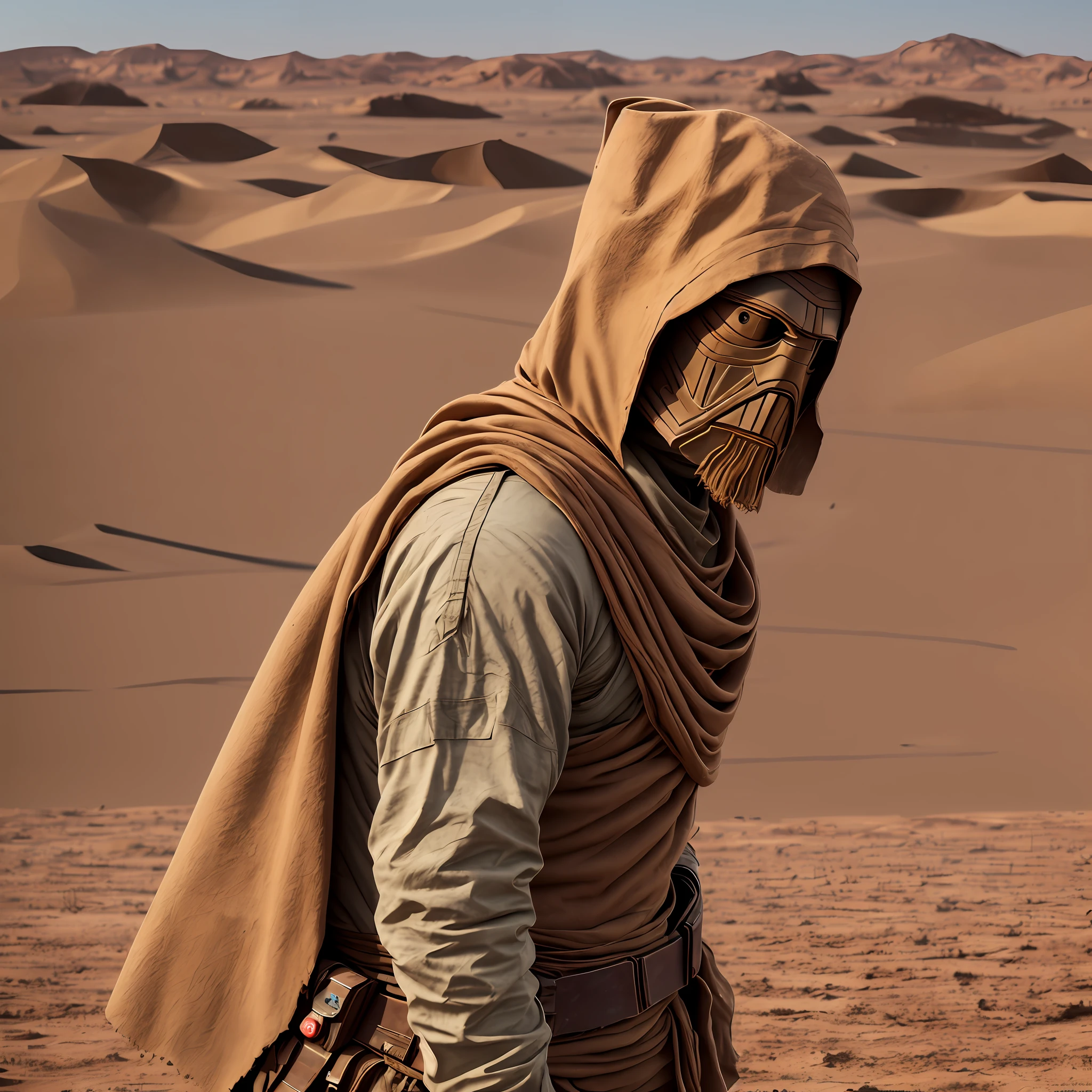a humanoid, with dirty desert clothes, Tusken style of star wars, desert background, realistic, 4k --auto --s2