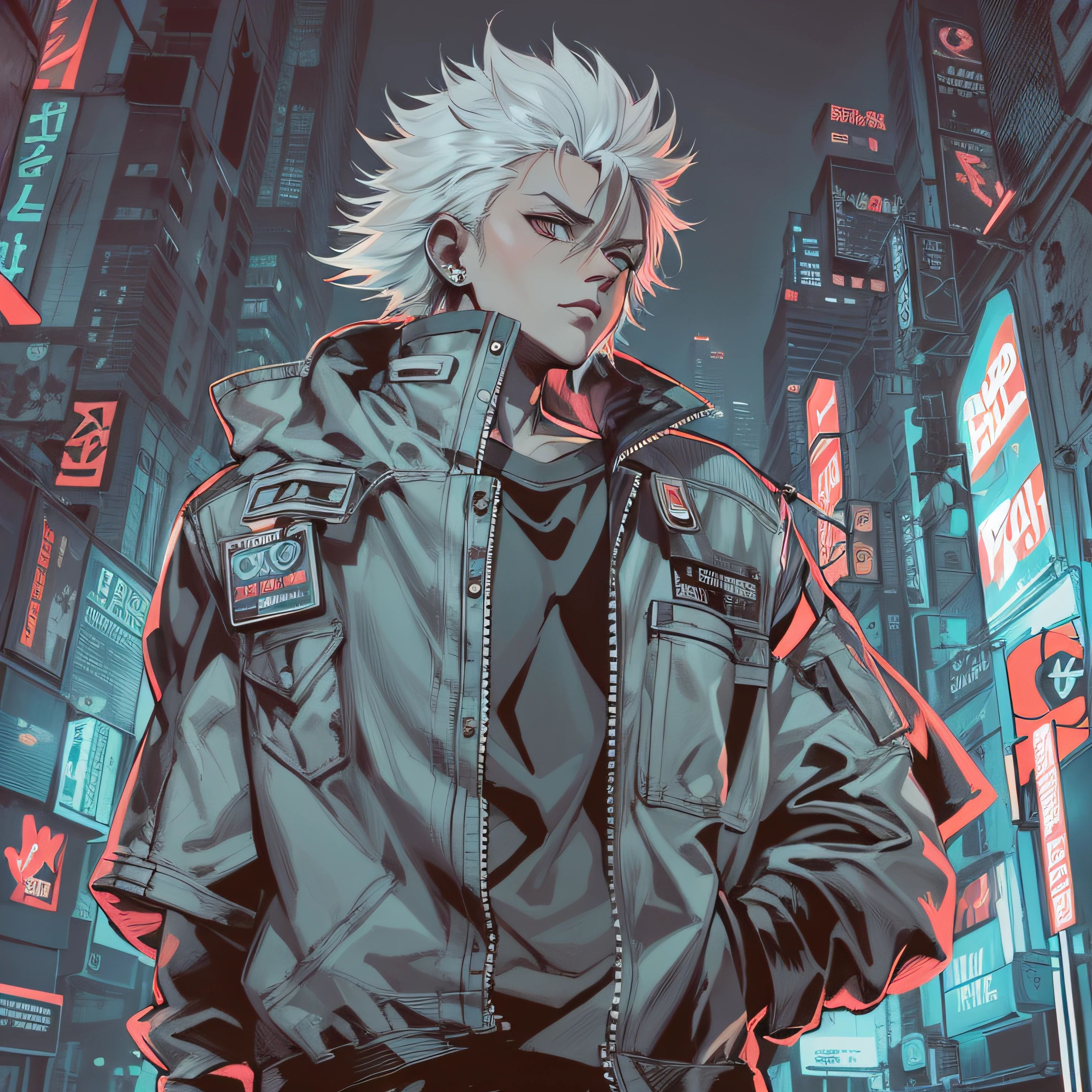 anime style illustration of a man standing in front, akira style illustration, akira art style, digital cyberpunk anime art, in the style of akira, akira artstyle, akira style, akira movie style, cyberpunk art style, cyber space cowboy, in cyberpunk style, digital cyberpunk - anime art, cyberpunk anime art, cyberpunk dude, 8 0 s anime style, Pop Art, masterpiece, accurate, Poster, anatomically correct, hand drawn, simple lines, illustration, digital art, anime style, magazine style, light grey hair color, background in print, 4K UHD