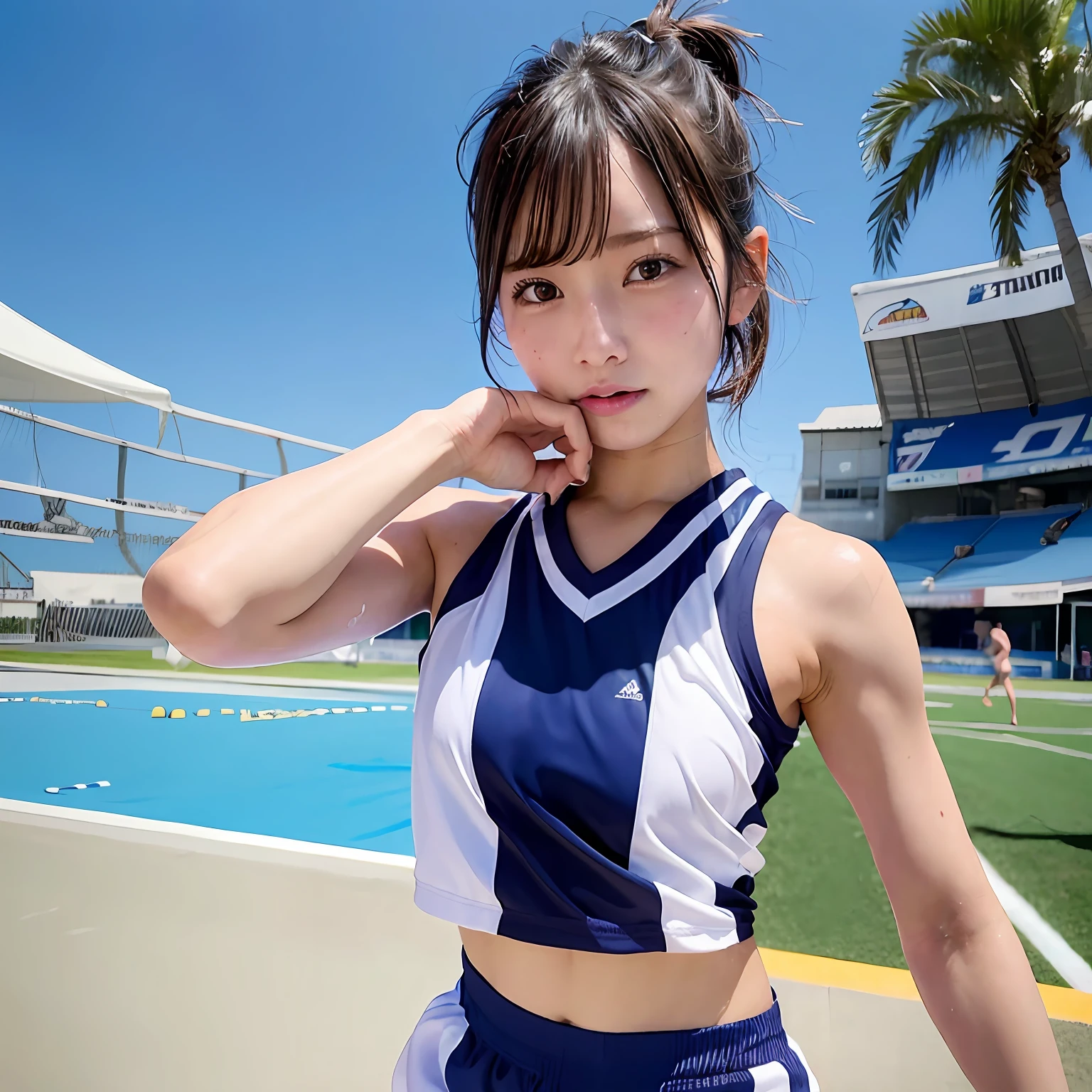 Realistic Sports Girls Stadium Skimpy athletics uniforms small tits short-cut Sunburn marks sweat-wet skin Sensational poses Clothes soaked with sweat Emerging