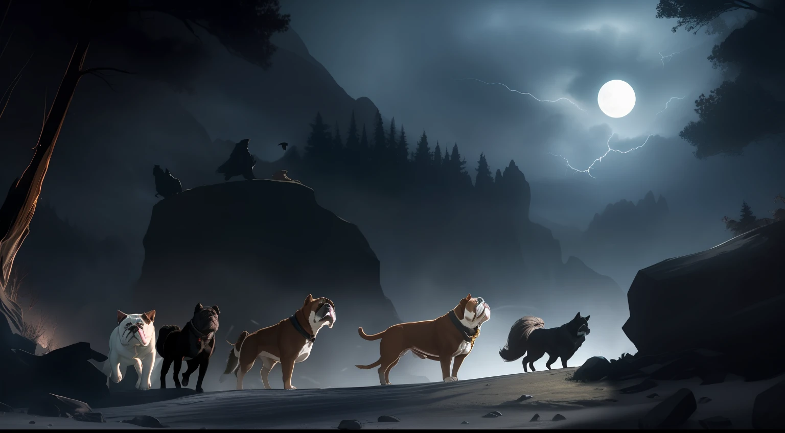 1bulldog, 1wolf, 10 flying all around crow's/ravens, all together, coming out of a cave, dark forest, lightning in background, high quality,realistic, moon casting light