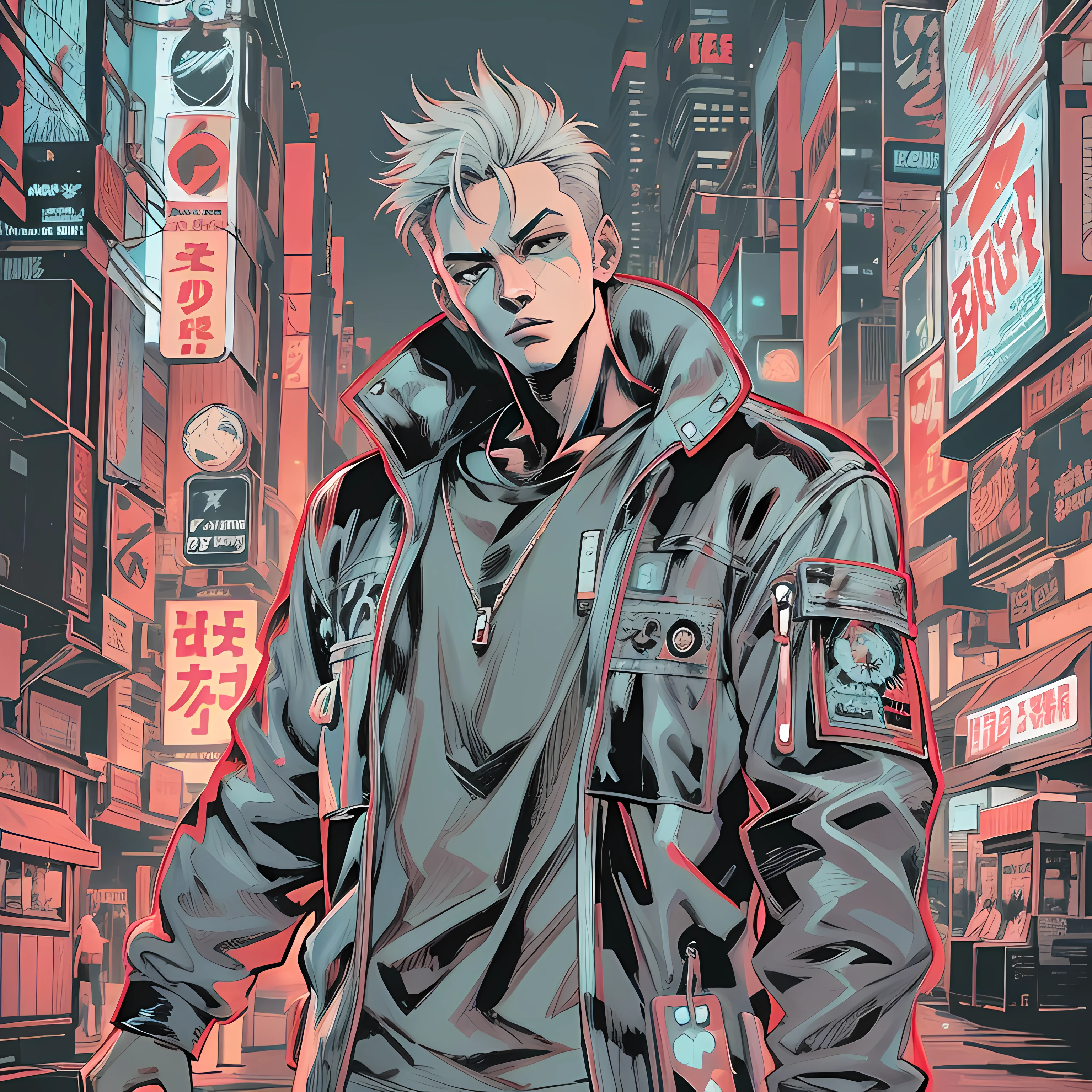anime style illustration of a man standing in front, akira style illustration, akira art style, digital cyberpunk anime art, in the style of akira, akira artstyle, akira style, akira movie style, cyberpunk art style, cyber space cowboy, in cyberpunk style, digital cyberpunk - anime art, cyberpunk anime art, cyberpunk dude, 8 0 s anime style, Pop Art, masterpiece, accurate, Poster, anatomically correct, hand drawn, simple lines, tshirt design, vector art, illustration, digital art, anime style, magazine style, light grey hair color, background in print, 4K UHD