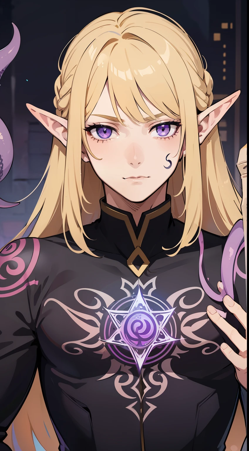 Young guy, longue blonde hair, violet eyes, elf ears, The Wizard's Uncovered Mantle, Magic tentacles, purple tattoos, Runes, Masterpiece, hiquality