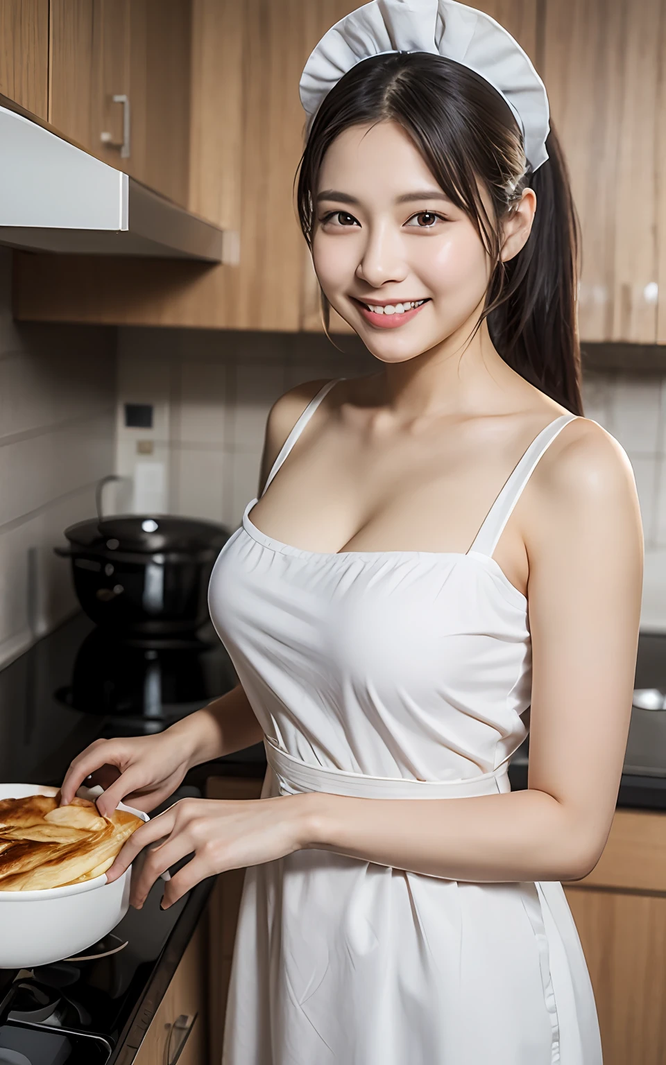 Highly detailed CG Unity 8K wallpaper, With the highest quality, super detailed, Master Piece, Realistic, photograph realistic, extremely detailed cute girl, 25 years old , (cute maid costumes ),  smile , Round eyes, large breasts , looking viewer, Half body shot  , kitchen , making breakfast ,  ponytail