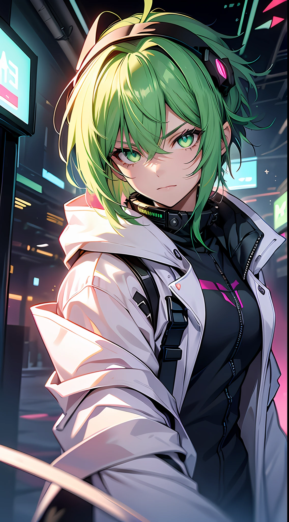 tmasterpiece， 4k wallpaper， cinematric light， hoang lap， protrait 1girl，（Colorful paint splashes），（Cyberpunk Style），（sparkle eyes：1），Green eyes，（Indifferent expression：1），（Luxurious white robe），城市，neonlight，（pink short hair：1.331）Green hair ends，Cold，Handsome girl，Aggressive stance，（（Glowing green eyes）），Offensive stance