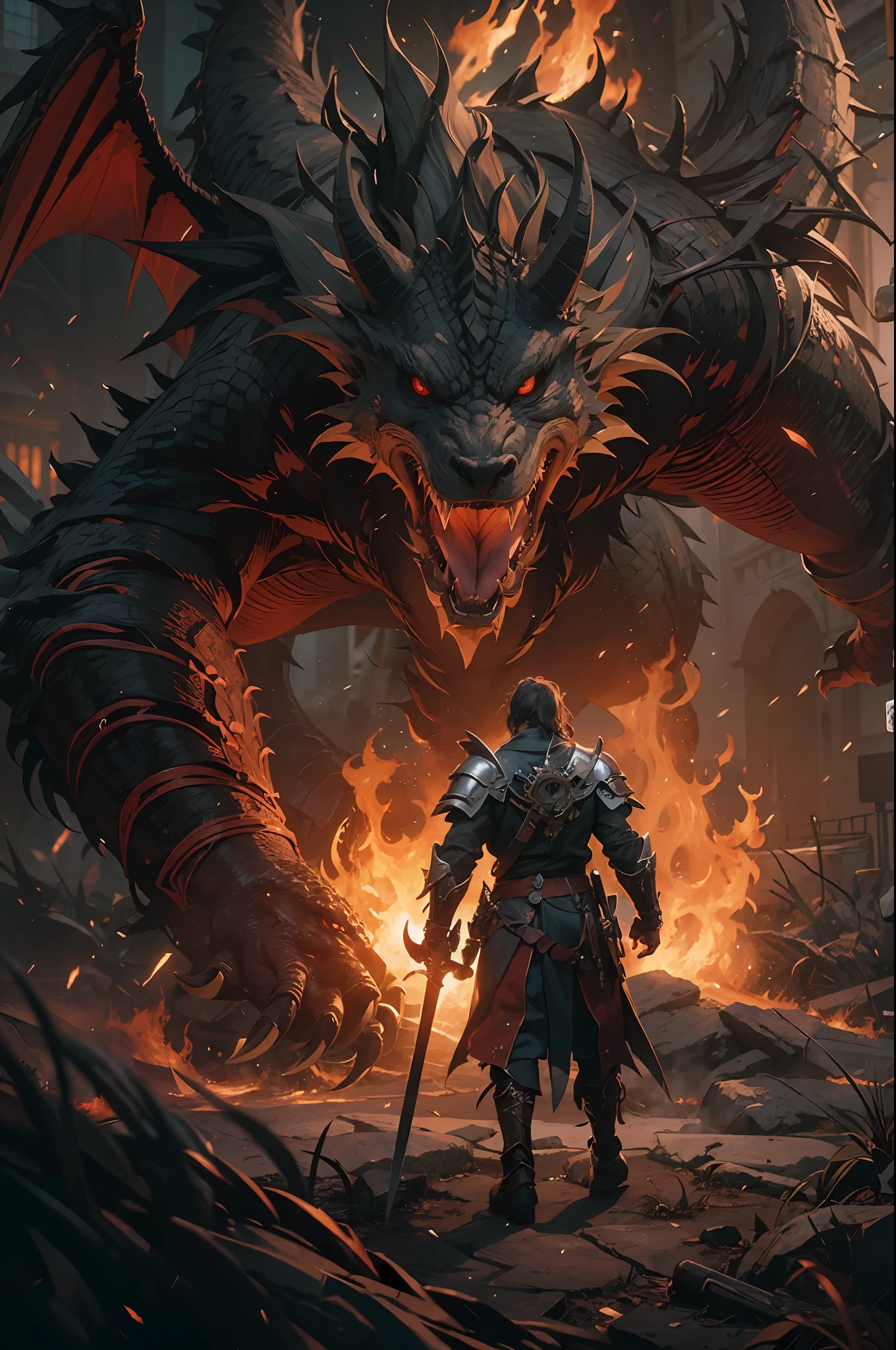 (ultra-detailed CG unity 8k wallpaper, masterpiece, best quality, depth of field, HDR, intricate), male adventurer fight with a dragon, sword strike, burning surrounding, (intricate: 1.4) (masterpiece: 1.4) (illustration: 1.4), post-processing, 8k resolution, dark background, meticulously composed photos, impressive, dark fantasy (by Greg Rutkowski: 1.2), (by daarken: 1.5)